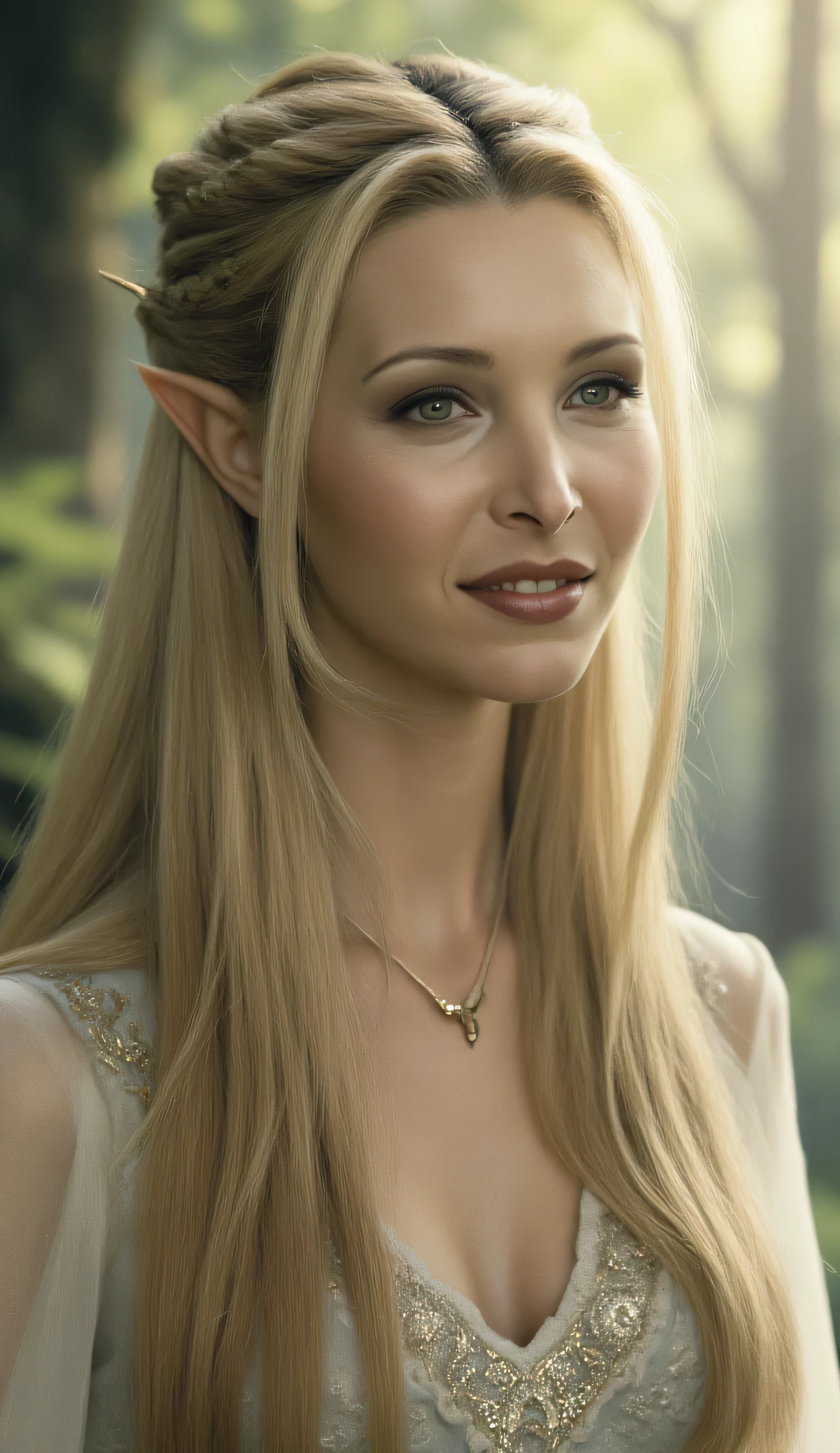 Lisa Kudrow as, Galadriel, the Lady of Lórien, cinematic fantasy portrait, long flowing silver-blonde hair, softly glowing, delicate elven features, elf pointed ears, pale luminous skin, calm wise eyes filled with quiet compassion, wears elegant elven gown in shades of soft white and silver, subtle gold embroidery inspired by ancient elven runes, serene ethereal and otherworldly presence, graceful posture, gentle expression, timeless wisdom without severity, soft magical lighting, faint golden glow, light mist, enchanted forest in the background, high fantasy aesthetic, Tolkien-inspired, cinematic realism, painterly details, shallow depth of field, ultra-detailed face, natural beauty, no modern elements