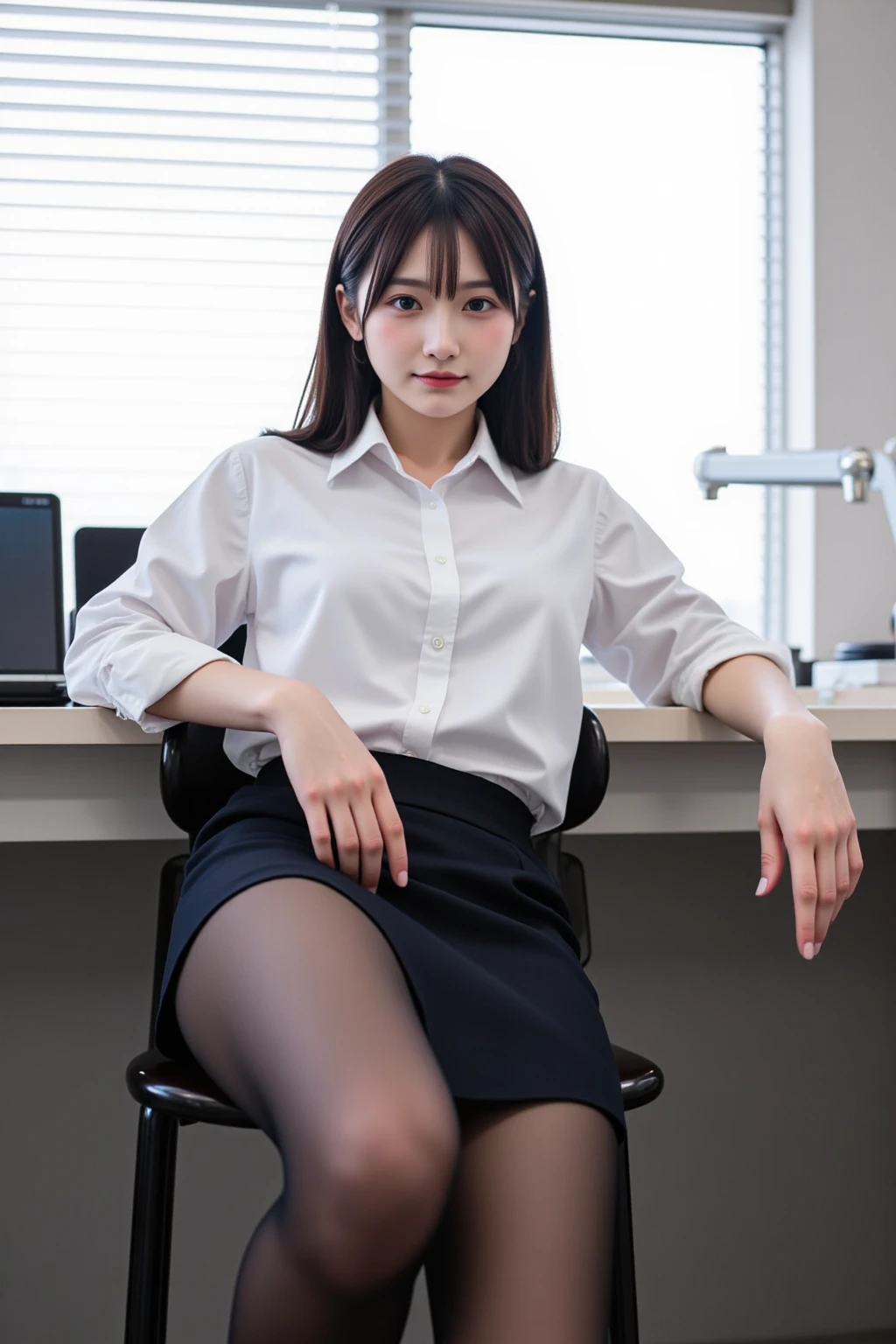 Best Quality, Mastepiece, Photorealistic, It is high resolution., 8k　Raw photo,Solo, 1girl, 30 years old、Squatting in a school classroom、smile、teacher、business blouse、skirt、High heels