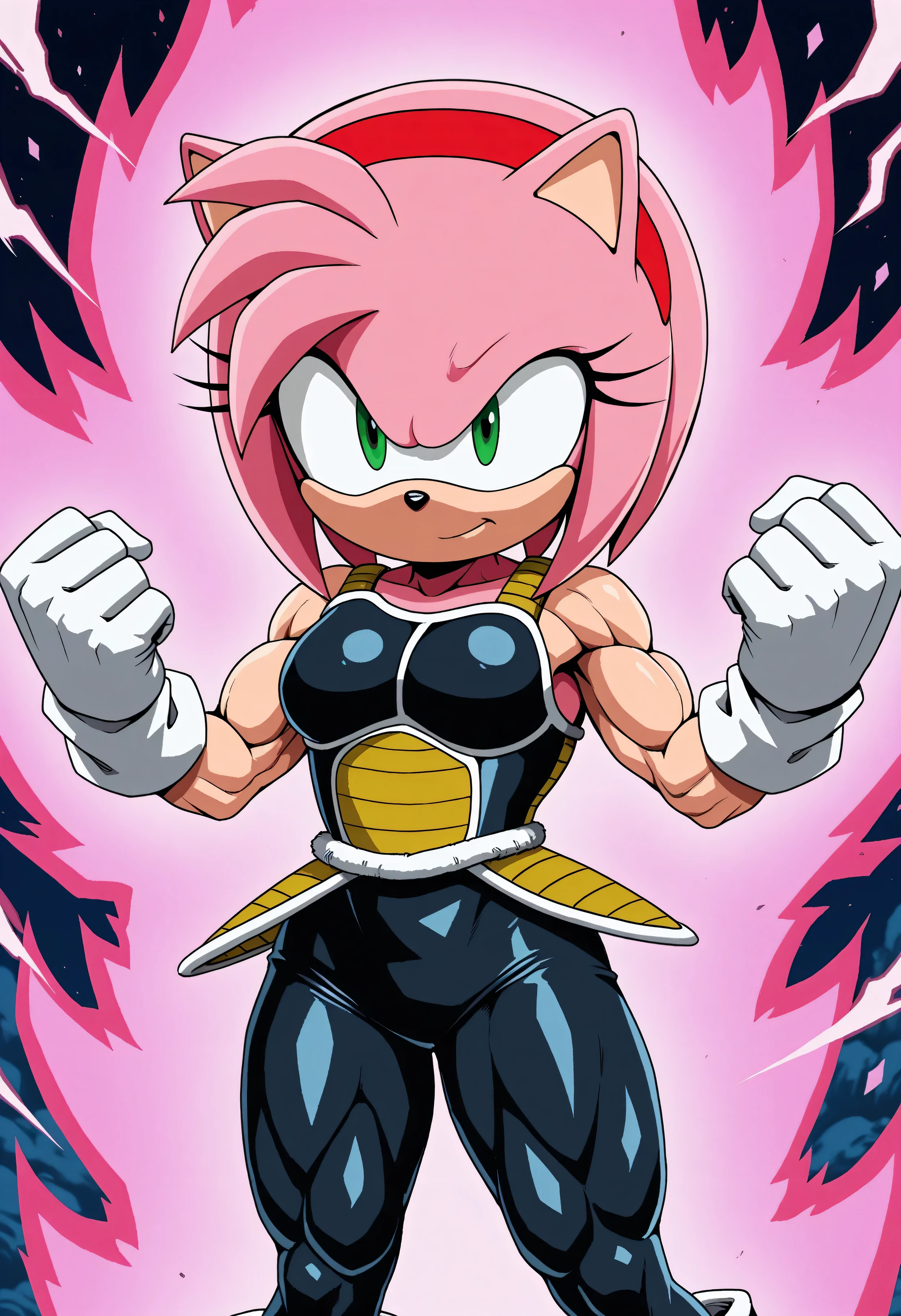 solo, sonicchann3l, amy rose, pink aura, saiyan armor, muscular body, 