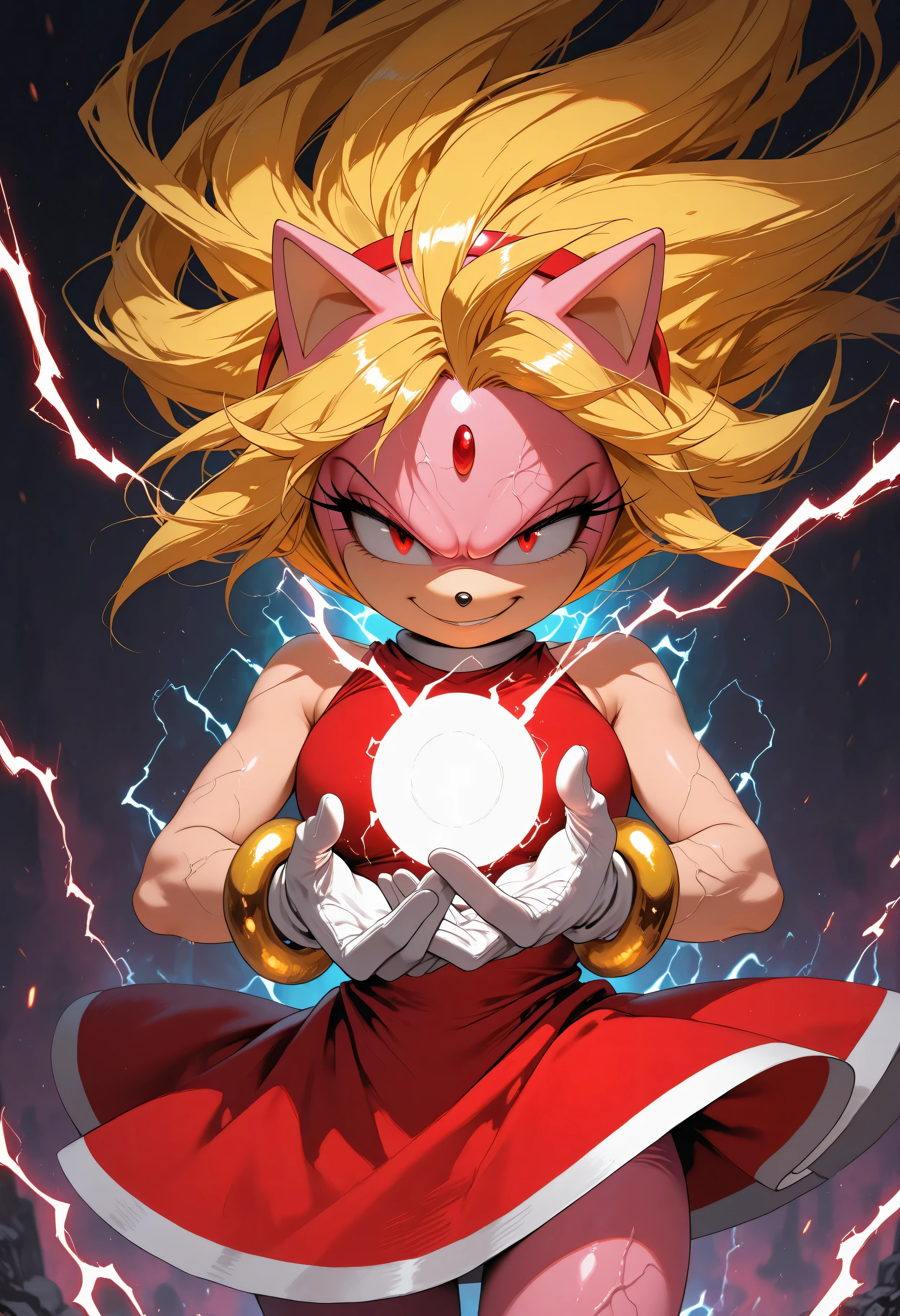 masterpiece, best quality, very awa, absurdres, masterpiece, absurdres, highres, absurdres,highres, amy rose, sonic (series), super form, super amy, floating hair, yellow fur, yellow hair, red eyes, red dress, white gloves, bracelets, majin mark, forehead mark, veins, evil smirk, electricity, aura, spiked hair