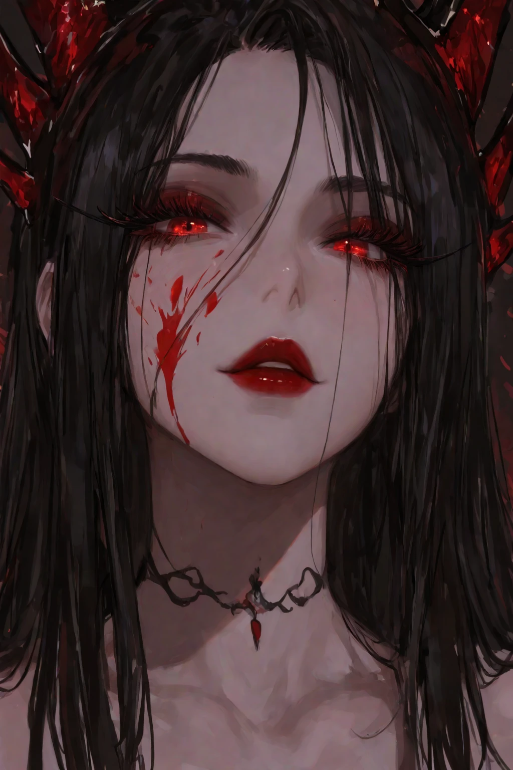 anime model , voodoo doll female , blood eyes , bloody smile , horror image