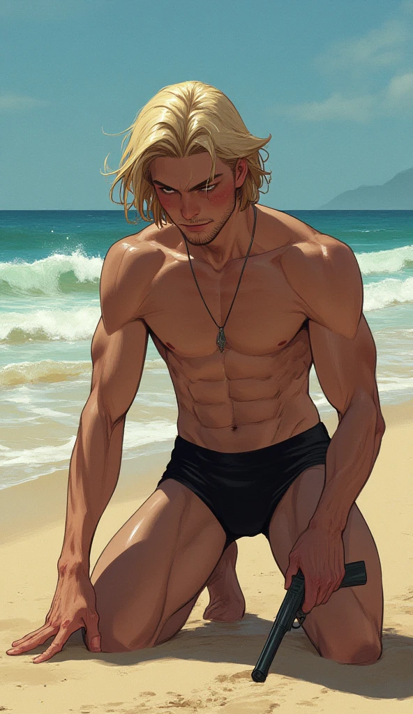One male, shoulder length hair, blond hair, blue eyes, detailed eyes, tall, slim, thin, ????? ???? body, (??????????), detailed body, realistic detailed ?????, (anatomically correct genetals), handsome face, detailed realistic anime face with contours, stubble, HD, highest quality, masterpiece, 2d, anime, handsome face, rugged face, highest detail, stubble, realistic ????? hair, realistic abdomen hair, intricate details, full body, solo, standing on the beach
