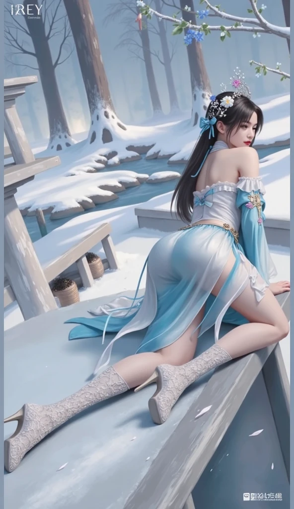 21-year-old girl,Blue coat,nevando,full bodyesbian,adolable,largeeyes,((full body pov)),with fair skin,Sitting on the ground with legs crossed,snowfield