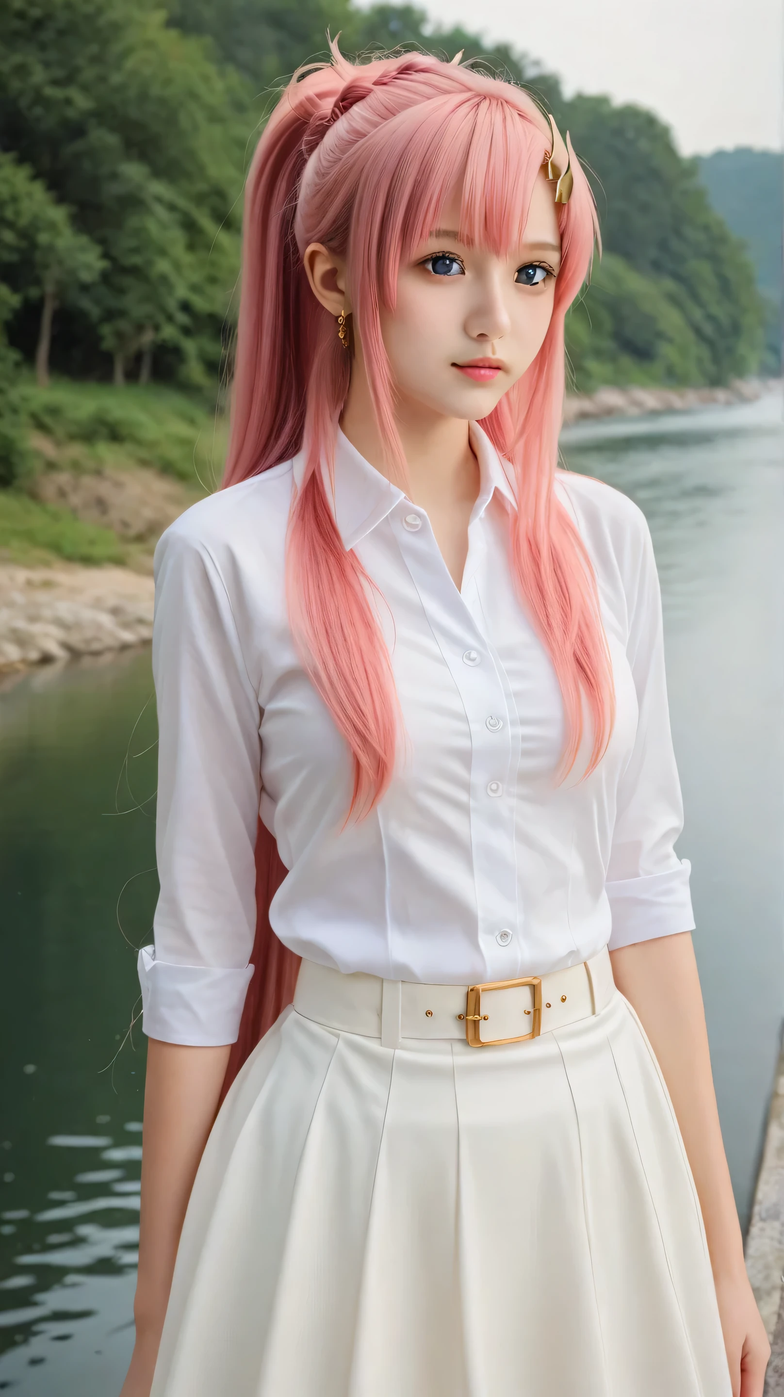 Masterpiece, best quality, 8k, ultra high resolution, photorealistic, cinematic composition,1girl, solo,lacus clyne,pink hair,very long hair,outdoors,potrait,river background,medium breast,gold hair clip,dark blue eyes,hair ornament, ponytail,white shirt,front view,stand still,close up,white skirt