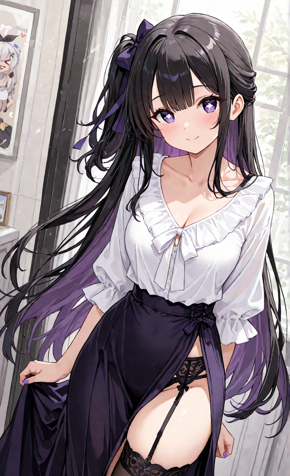 (masterpiece, best quality),  intricate details,
<lyco:GoodHands-beta2:0.8>
1girl,   <lora:karyltest:0.8> karyl, animal ear fluff, animal ears, black hair, black ribbon, cat ears, cat girl, cat tail, fang, (green eyes:1.5), hair bow, long hair, low twintails, multicolored hair, purple bow, ribbon, skin fang, streaked hair, tail, twintails, vertical stripes, white hair, 
 <lora:BlackNightgownLila:0.8> black nightgown,