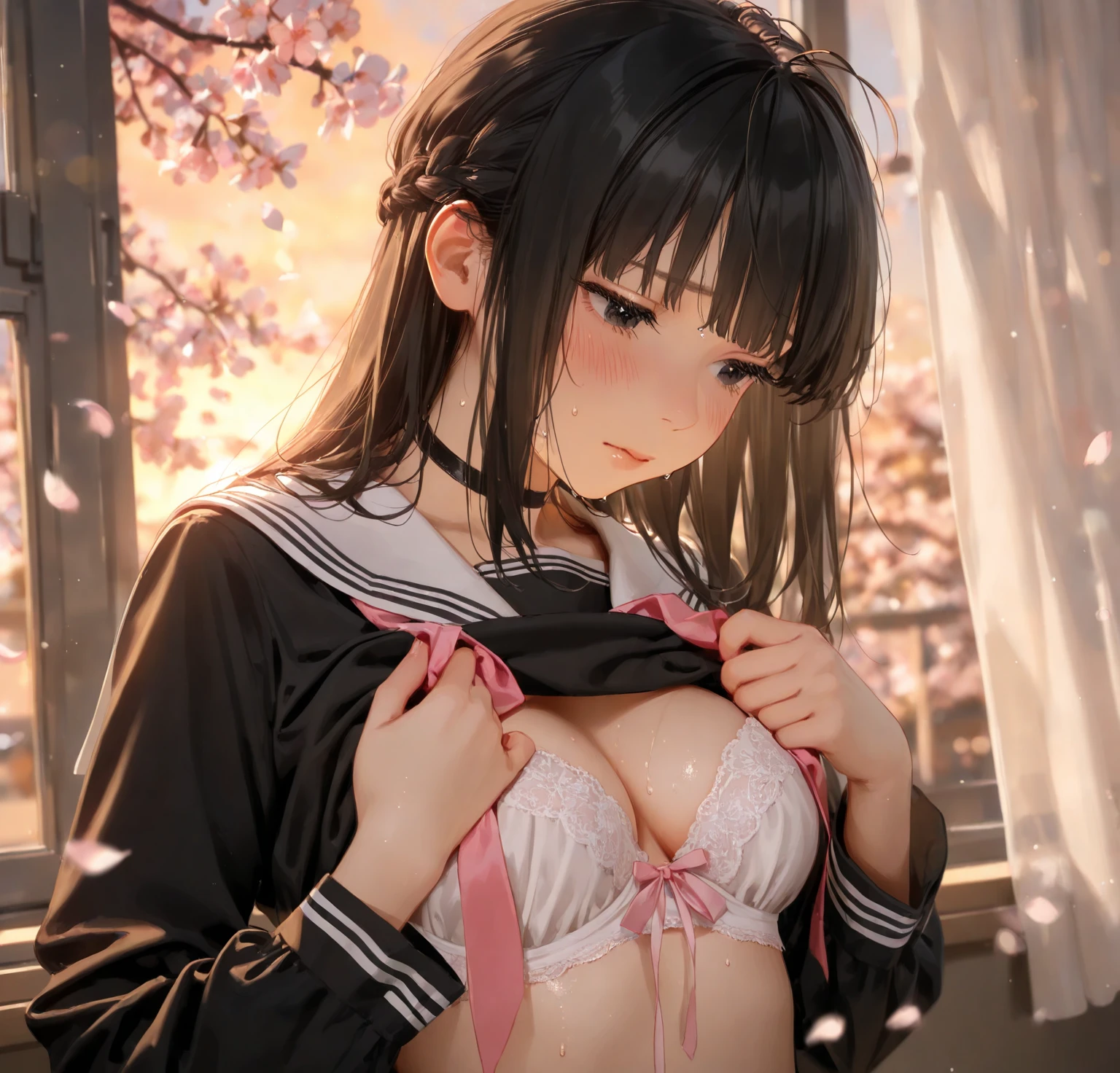 (masterpiece:1.2, Highest quality), (Realistic, photoRealistic:1.4), Ultimate beauty、mature、(Beautiful Features、Detailed lips, Beautiful eyes with attention to detail)、(Beautiful Teeth), blush, Captivating Gaze、masterpiece，（Highest quality，Hyper Detail)、 Natural Makeup，Looking at the camera、Looking up、alone，Cute woman in her 20edium ??????、Short Bob Hair、(Bangs too)、Mysterious Beauty, Perching on the clouds, (Fantasy Illustration:1.3), Captivating Gaze, Seductive posture, The charm of another world, Mystical Sky, (Written by Luis Royo:1.2), (Yoshitaka Amano:1.1), ((moon 夜)), pastel colour, (Cloud Detail View:1.3), Outdoor、palace、 (Bandaged、Eye patch、uniform、Collared long sleeve shirt、Gingham check pleated mini skirt、Lace frilly panties、(Red ribbon tie)、Earrings、(???????:1.6)), Side Lock, (Midnight background, full moon、Fantasy、cherry blossoms、petal)、(Wet hair、Wet skin:1.3)、(????? is on it:1.??????tra Bust Up Shot:1.2)、(Shot from above)、(smile、I'm worried、Open your mouth:1.2)、(Wave your hand:1.2)、(show ?????:1.2)、(slouch)