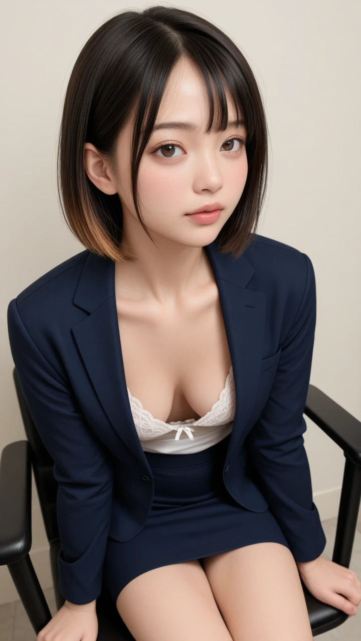 (best quality), (masterpiece), full body, very detailed, high resolution, 8k, cute Japanese woman, cute 24 year old beauty, slim body, (slightly saggy medium breasts), thin lips, detailed face, Beautiful and elegant face, cute face, natural bangs, arched eyebrows, well-groomed eyebrows, (big eyes with a good balance between the left and right sides), cute eyes, beautiful eyes, beautiful thin nose, beautiful face line, (beautiful skin), (medium bob hair), (bob hair), natural bangs, slim face, slim figure, (Looking at the camera with a shy smile), beautiful legs, smooth skin skin, slim and beautiful thighs, 1 woman, cute and sexy slim 24 year old woman, fair skin, Beautiful breasts, (medium breasts), Slim thighs, slim waist, Slim body, (skinny body), ((:1.5)), ( with Suit jacket on:1.5), (wearing sexy ), (The best lighting:1.5),
