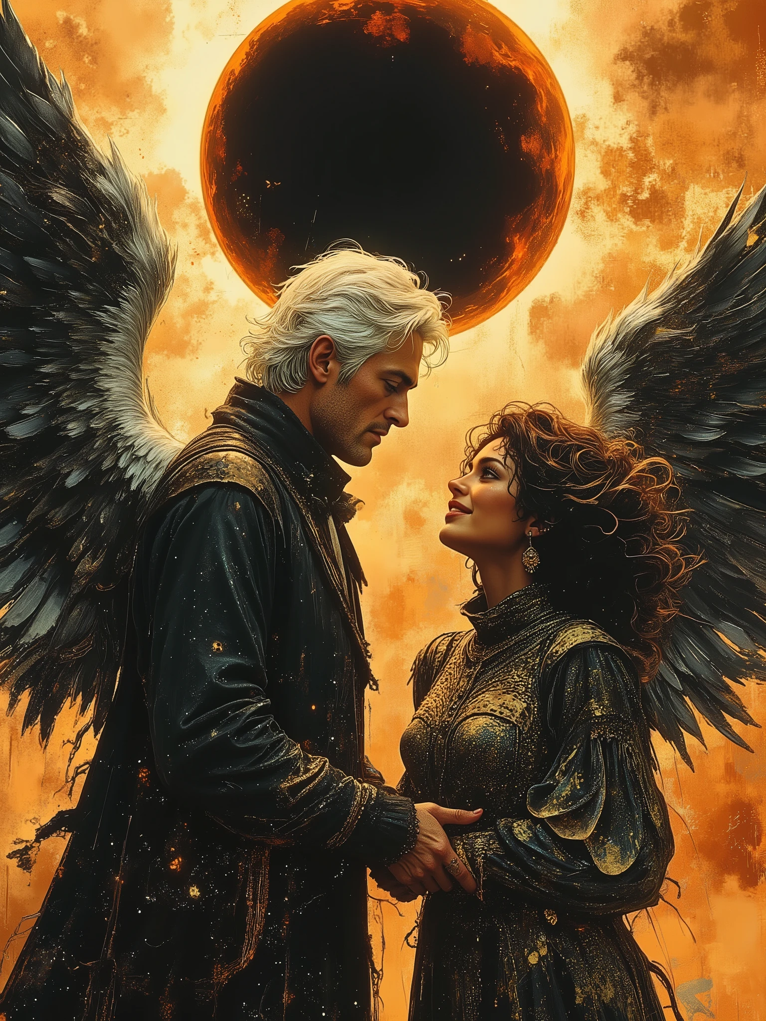(masterpiece), (Highest quality), (Super detailed), (Ultra-high resolution), (Best illustrations), 32k, an ancient luxurious temple filled with dynamic, glittering lights and shiny surfaces. Rendered in a balanced, vivid impressionist style that symbolizes the harmony of opposites and the search for spiritual transcendence through mindfulness, philosophical reason, and psychological clarity; a coming to terms with metaphysical laws of existence.

A captivating portrait: on the left stands an angelic, handsome aquiline man appearing around 40, with short, stylish white hair and a wry expression. He wears a dark, high-collared, luxurious coat with tasteful, expensive accents, silver and white feathered wings spread majestically, and a faint, glowing halo signifying his divine nature. On the right, a smiling half-black woman with dimpled cheeks, radiant caramel skin, shoulder-length curly brown hair with striking green-blue highlights, and a roguish grin. She’s dressed in an eclectic mix of street, grunge, designer, and second-hand fashion—each garment chosen to accentuate her sensual and seductive presence, against all odds blending into harmonious chaos. Small, perky breasts, thick thighs, long elegant legs, and sweeping raven wings rise behind her, as flames flicker and dance in the background.

Between the two, a powerful contrast of light and dark: their bodies lean toward one another, their enraptured gazes brimming with longing and love. Massive energies whirl and intertwine around them, and a dramatic solar eclipse looms overhead, heralding their union with a sense of foreboding and mystery. The entire piece is drenched in light and shadow, filled with movement, symbolism, and the dynamic interplay of opposites—capturing a moment of connection, shock, and the search for remarkable, transcendent truth.