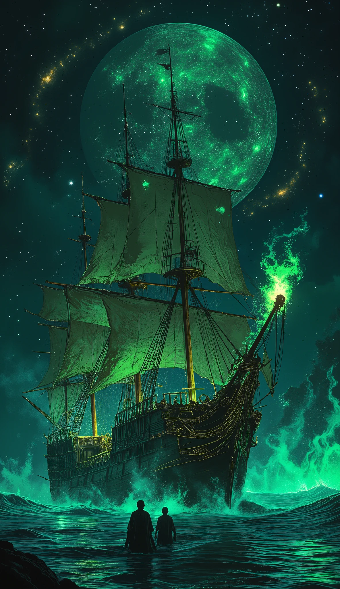 fluxlisimo_drawio,extremely detailed 8k wallpaper,(highly detailed:1.1), Pirate ship,(ghost),fluorescence,((masterpiece:1.1)),[anime:Impasto:0.5], intricate , fantasy,(1ship),(ocean:1.2),[golden boat:golden boat with (green fire:1.2):0.1], clear sky ,wind ,beautiful sky,(nightsky),(galaxy), (huge blood moon in the background:1.05)