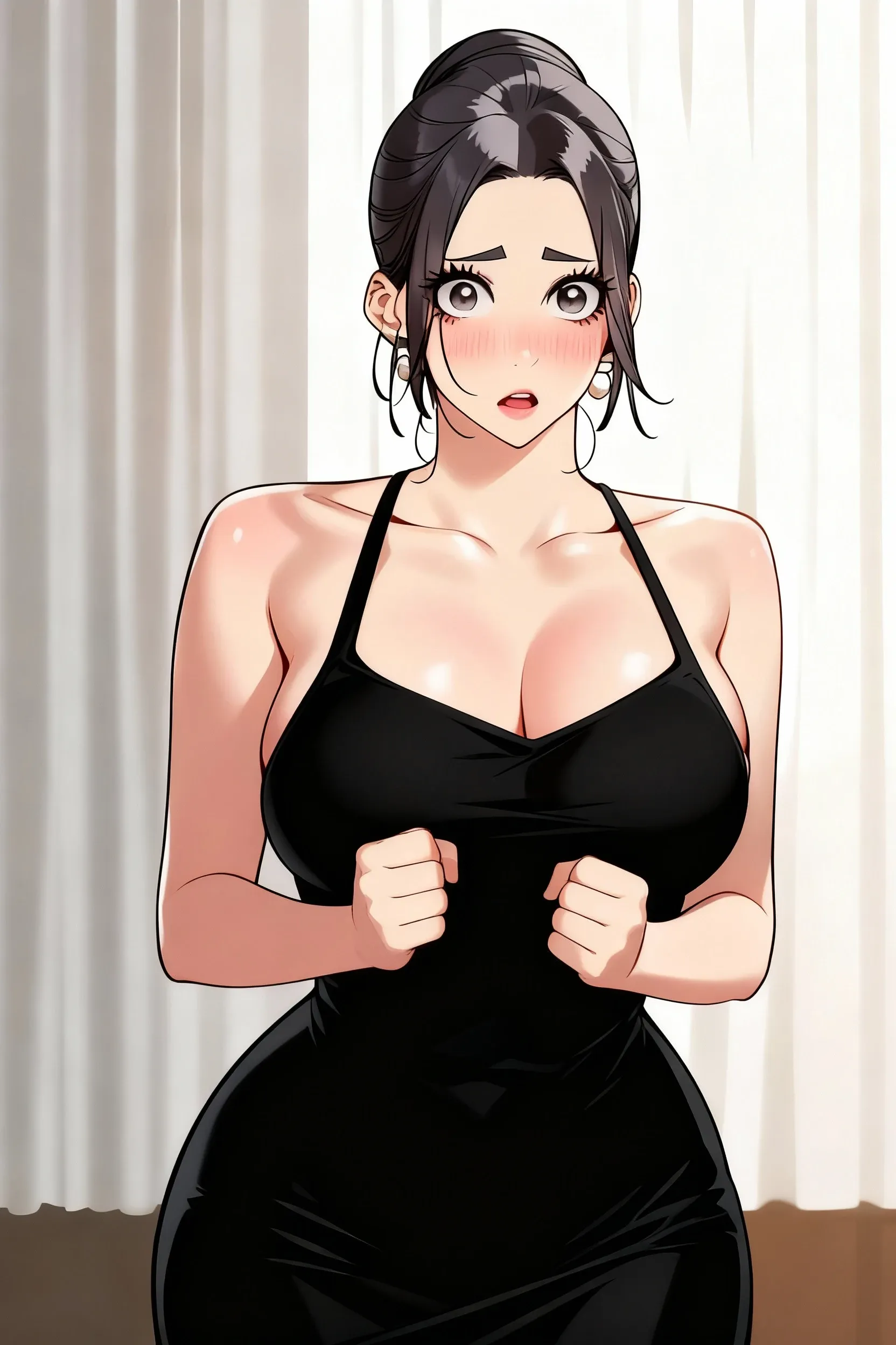 High quality, middle Ages aunty, mature aunt wearing long white tanktop, long tanktop, long strict tanktop, white Strict Tanktop, long ribbed  tank top, big round white tank top covering stomache, big strap white tanktop, wet tanktop, sweating, sweating armpit, Very short pencil pants, black pants, workshop, wet armpits because of sweating, looking at armpit, medium long straight ponytail cut long hair, long hair cute girl, pretty face, delicate face, blue eyes, full body, sad expression 