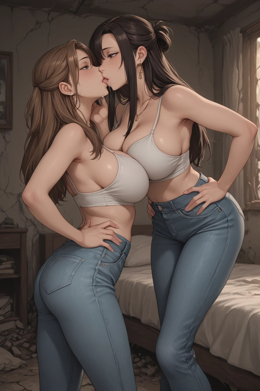 Woman with straight hair with tiara and braces  with man in blue cap