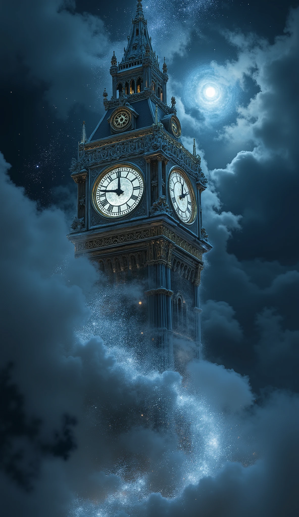 An ornate vintage clock tower frozen at midnight under a glowing full moon, soft stardust drifting around the tower, sparkling clouds in the background, magical mist swirling at the base, quiet and enchanted night scene, no people