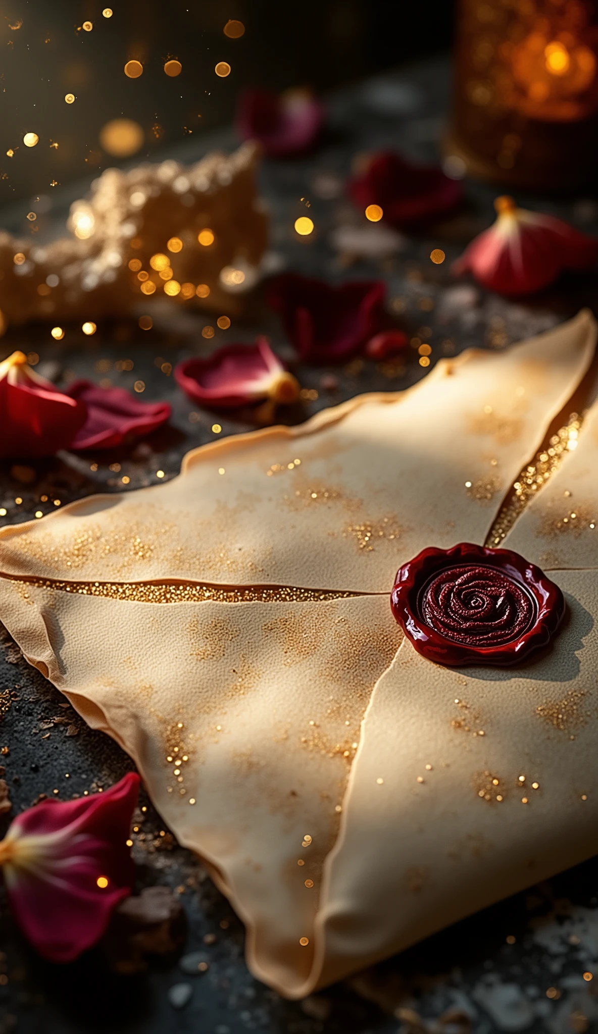 A parchment invitation envelope sealed with a deep red rose wax stamp, placed on a marble table with glittering stardust, surrounded by dried petals and glowing magical lights, moonlight spilling across the scene, mysterious and regal tone, no people