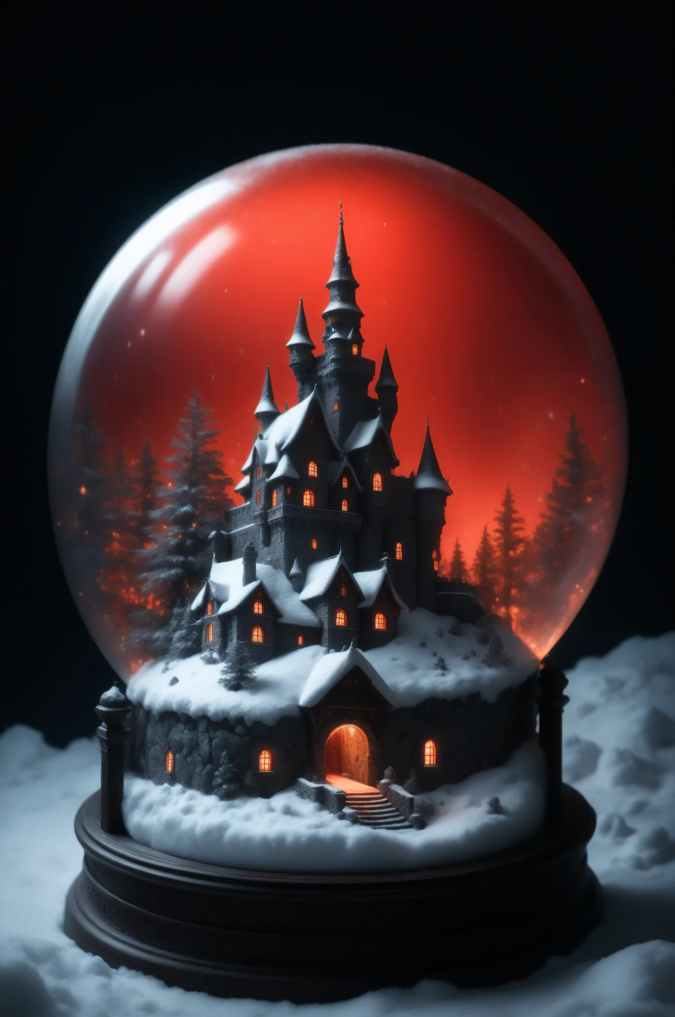 blue color,Contrast,Fantasy Elements,masterpiece, best quality, very aesthetic, absurdres, a black and white picture, only colores are black and white,  of a magical snow globe, inside the globe a castle in the snow, its window are lit in red light. Hyperrealism style, vibrant, Ultra-high resolution, High Contrast, best details, best quality, highres, ultra wide angle, 16k, [ultra detailed], masterpiece, best quality, (extremely detailed) RAW