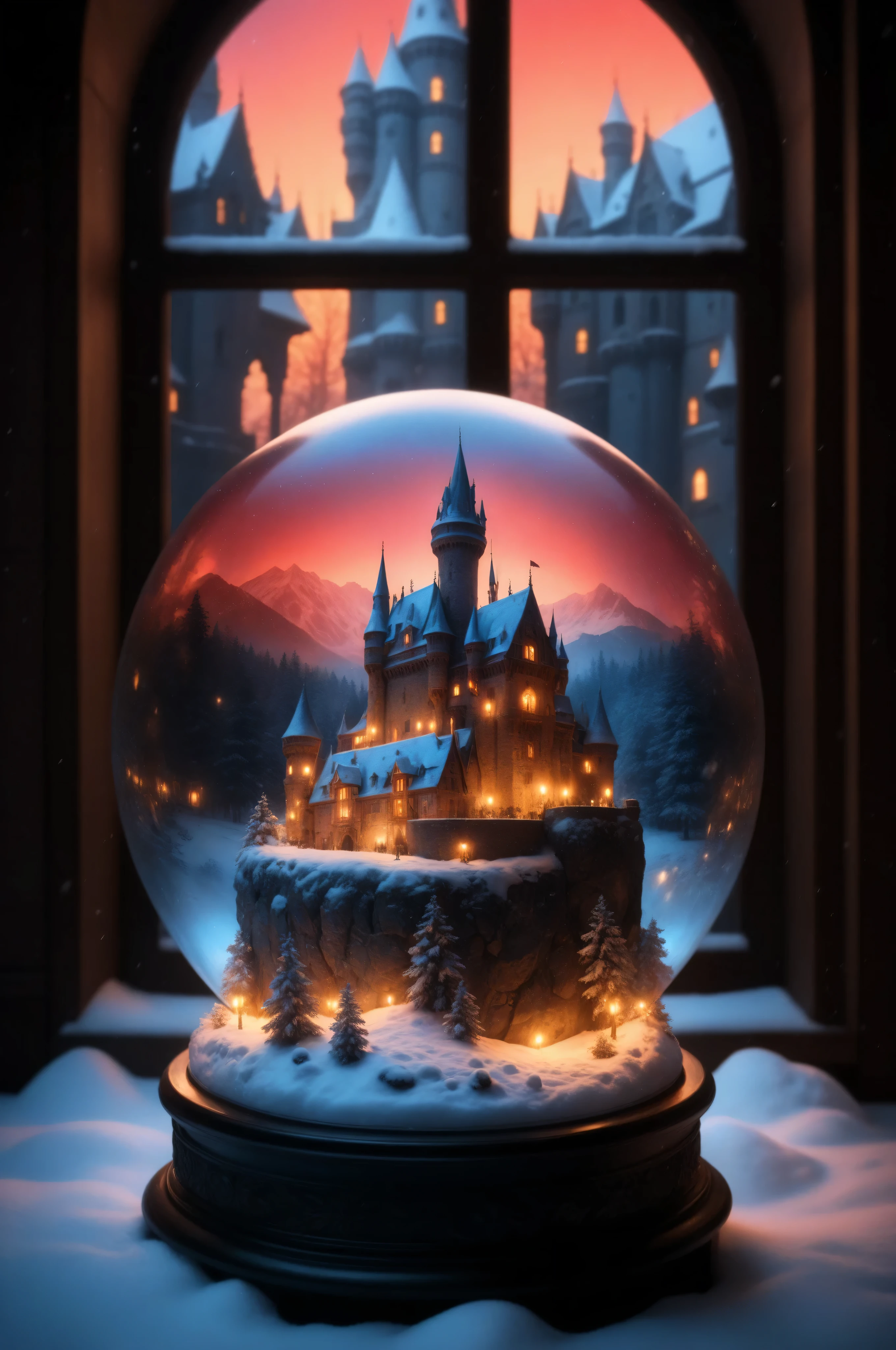 blue color,Contrast,Fantasy Elements,masterpiece, best quality, very aesthetic, absurdres, a black and white picture, only colores are black and white,  of a magical snow globe, inside the globe a castle in the snow, its window are lit in red light. Hyperrealism style, vibrant, Ultra-high resolution, High Contrast, best details, best quality, highres, ultra wide angle, 16k, [ultra detailed], masterpiece, best quality, (extremely detailed) RAW