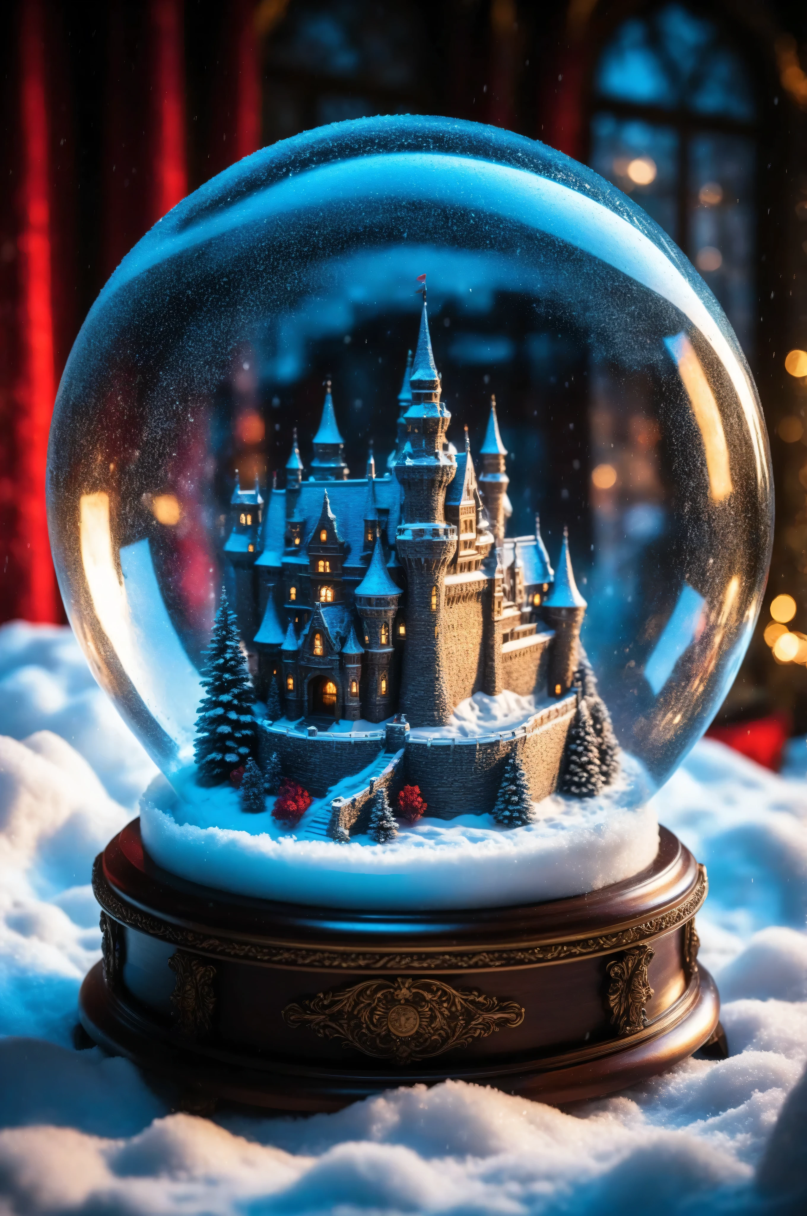 blue color,Contrast,Fantasy Elements,masterpiece, best quality, very aesthetic, absurdres, a black and white picture of a magical snow globe, inside the globe a castle in the snow, its window are lit in red light. Hyperrealism style, vibrant, Ultra-high resolution, High Contrast, best details, best quality, highres, ultra wide angle, 16k, [ultra detailed], masterpiece, best quality, (extremely detailed) RAW