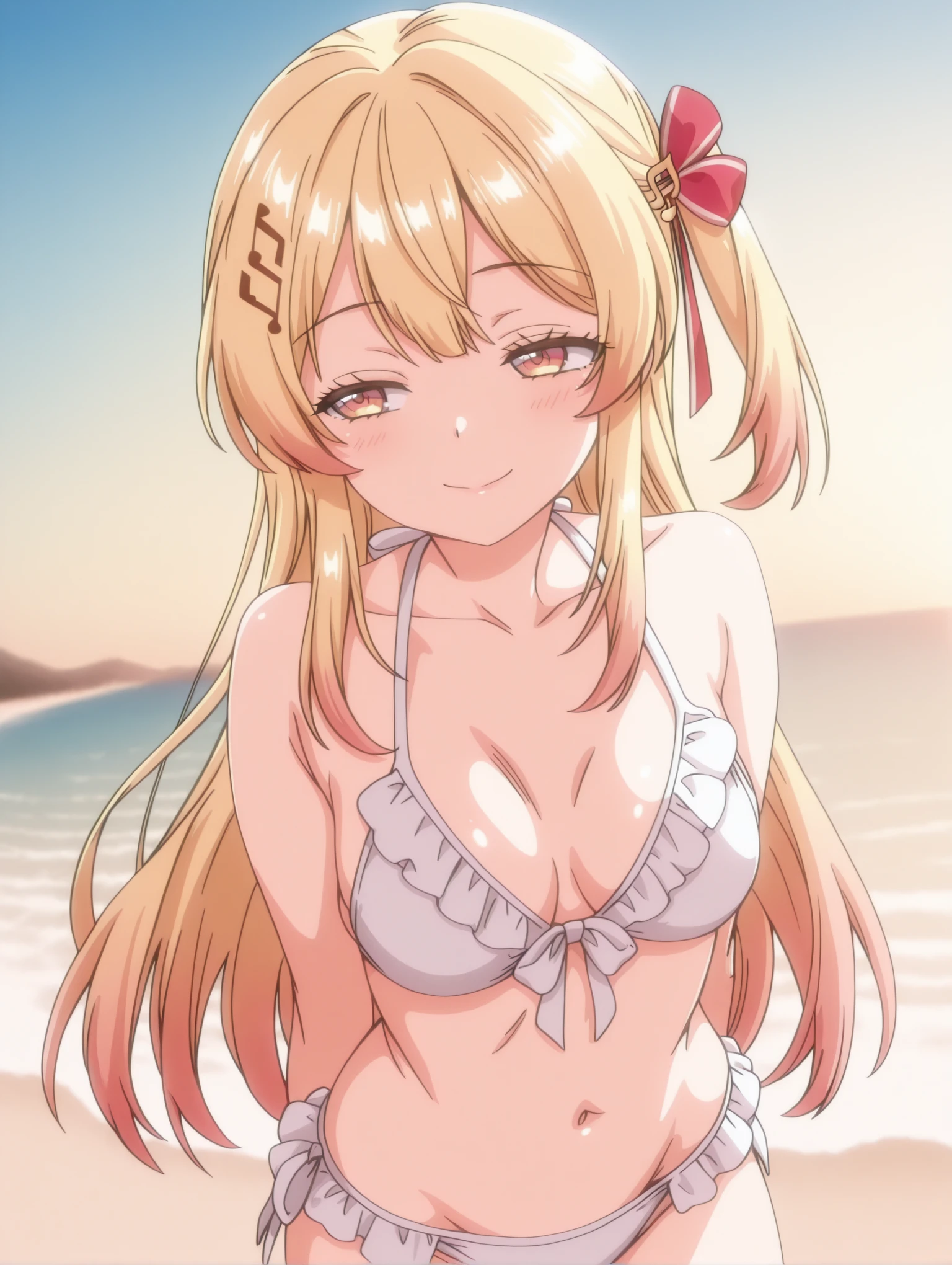 alone, One girl, Outdoor,evening,hot spring,steam,Rika Jougasaki,Yellow and orange hair hoop, smile, View your viewers,(),Small breasts,upper body,Focus on face,