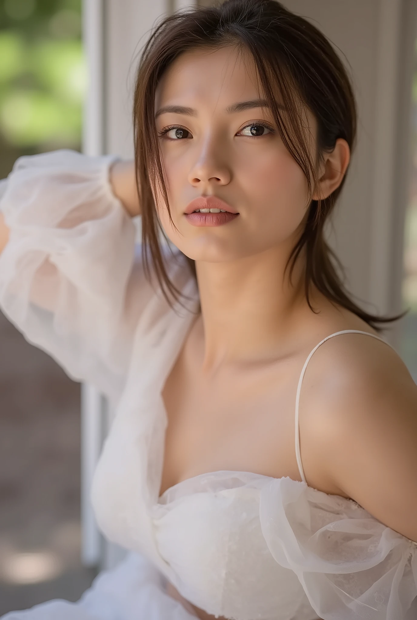  natural light highlights her grace and beauty .  This image focuses on her playful and  expression ,  
