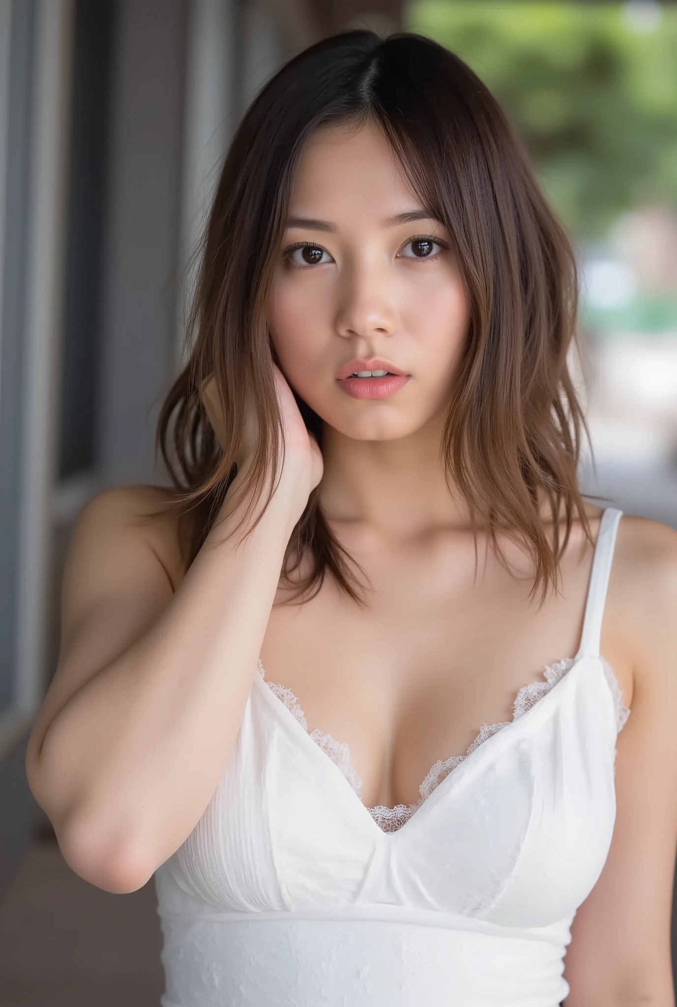  natural light highlights her grace and beauty .  This image focuses on her playful and  expression ,  
