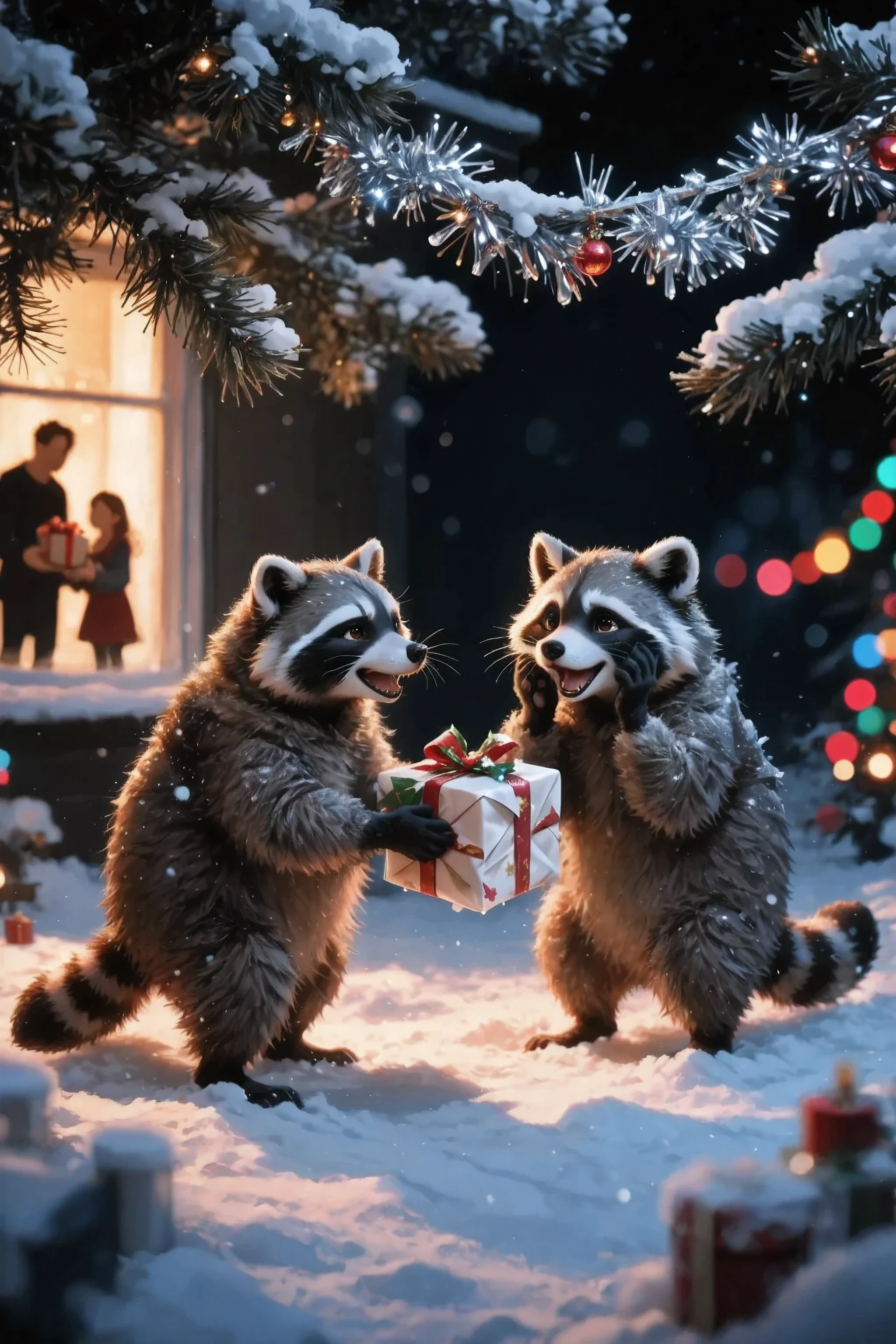 masterpiece, ultra detailed, two raccoons close-up, waist-deep , stand facing each other under snowy fir branches with slightly old Christmas tinsel, everything is covered in sparkling clear snow. The scene is significantly dark, deep shadows, strong winter night. One raccoon hands a sloppy packed gift to the second, , the second raccoon with a happily enthusiastic expression, touches their cheeks with their paws. Against the background of strong blur, almost black, rare bright colored bokeh from garlands. On the left, a soft, but the voluminous warm light from the window, in which the blurry silhouettes are barely visible — the father gives a gift daughters. The light softly models raccoons, cast long soft shadows in the snow. Pure Christmas atmosphere, Festive, cozy, dreamy volumetric lighting, deep shadows, festive mood, atmospheric scene