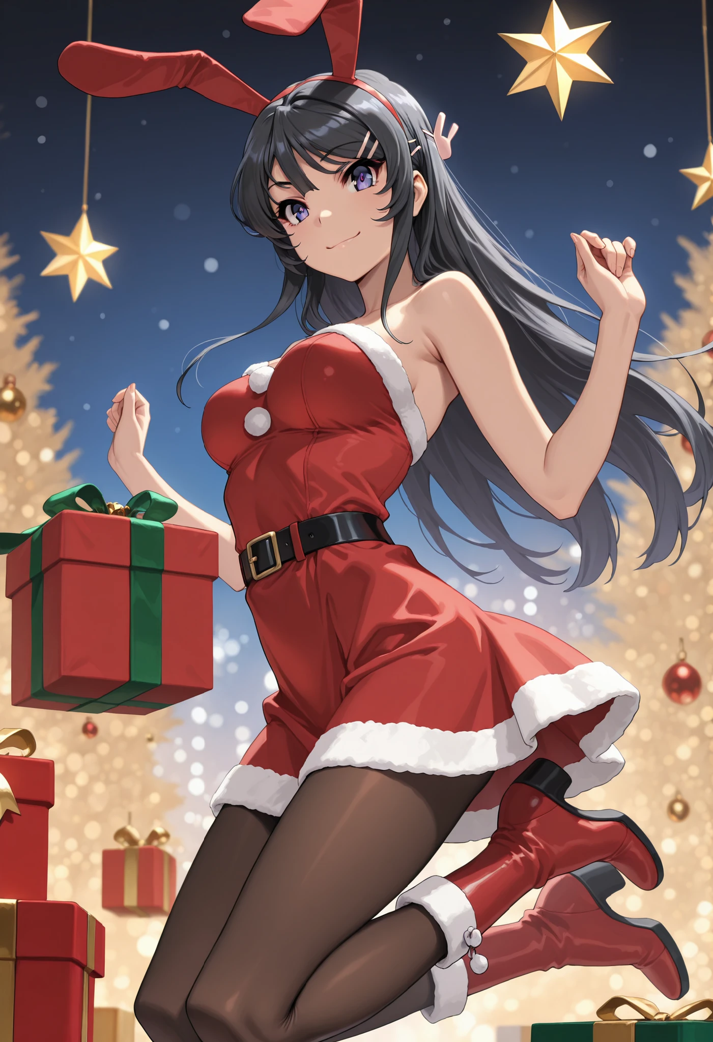 masterpiece,best quality,ultra detailed, 16k,32k wallpaper,
upper body, (jumping:1.5), nice pose, smile, from side,
1girl, solo, beautiful japanese hight girl,18 years old, looking at viewer, Petite, beautiful breasts, skinny body, moderate waist, medium breasts, 
mai sakurajima, long hair, bangs, (black hair:1.2), (purple eyes:1.1), ((hair clip)), tiara,
Red santa dress with a white fur trim, red hairband, rabbit ears, fake animal ears, black belt with a gold buckle, red boots with a white fur trim, brown pantyhose, 
christmas decoration, christmas present,