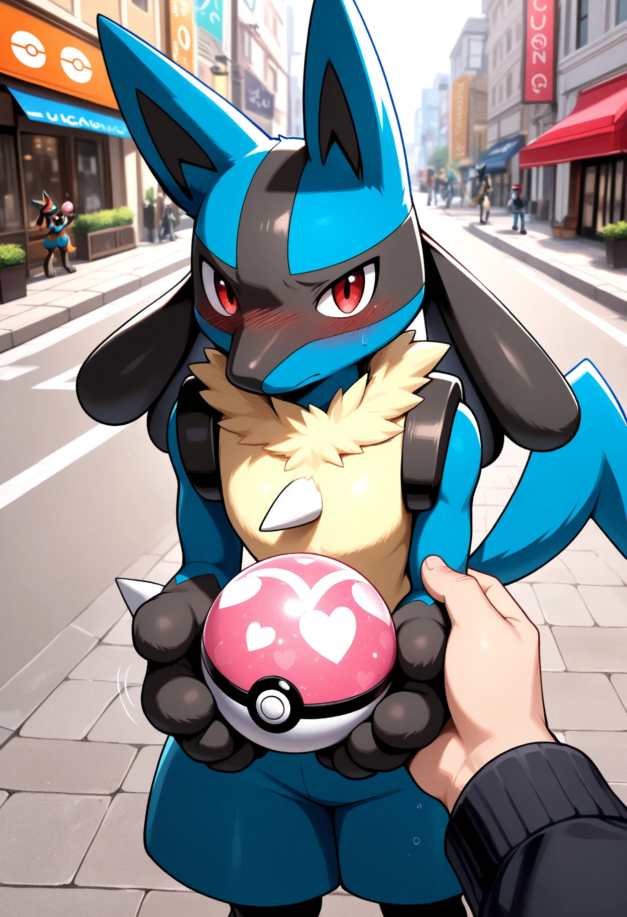 masterpiece, Highest quality, Highest quality,(Very beautiful face and eyes),(, kemono,),,Lucario, bed,Detailed fur expression,,by 2 person,,whole body,Open your mouth,Cowgirl, dripping from the ,Biologically correct, , At the , Depicting the 