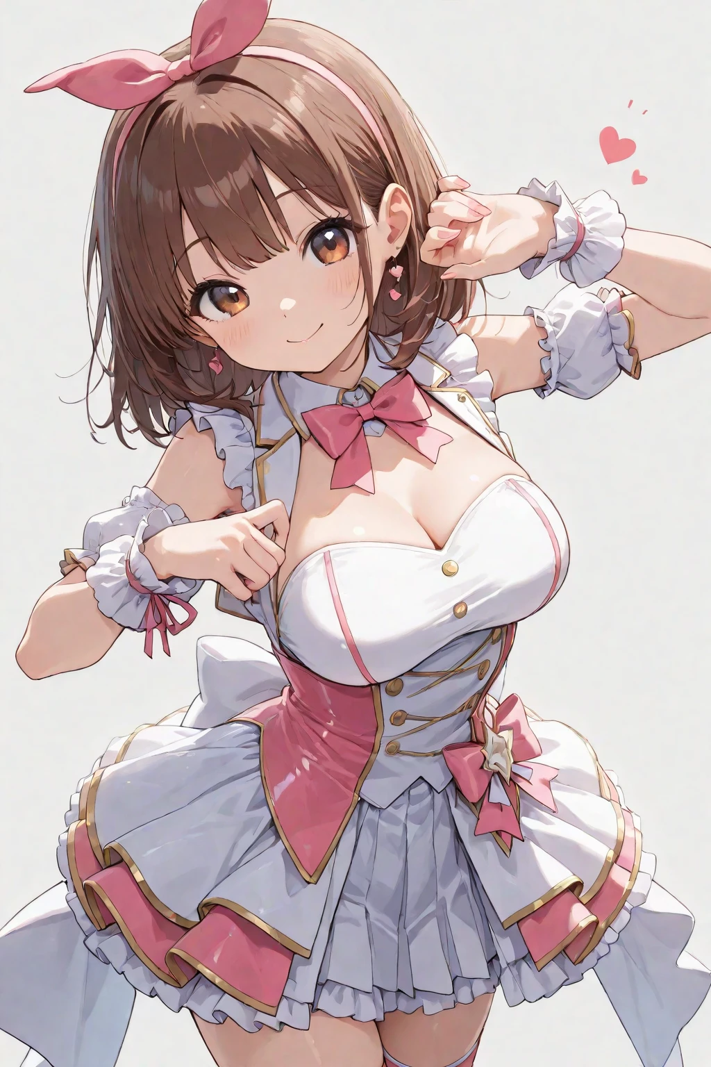 <lora:Shirai_Hinako_Blue_Reflection_illus:1>Shirai Hinako, reflector outfit, 1girl, solo, , looking at viewer, short hair, blue eyes, skirt, brown hair, gloves, dress, bow, ribbon, cleavage, brown eyes, , standing,  choker with star pendant, elbow gloves, sketch, heterochromia, short dress, magical girl, park, sakura petal, cleavage, anime color,  smile, open mouth, large ,  (blue pattern on dress), blue  dress, white dress, young-adult,  <lora:Add_more_details_pony:0.8>
