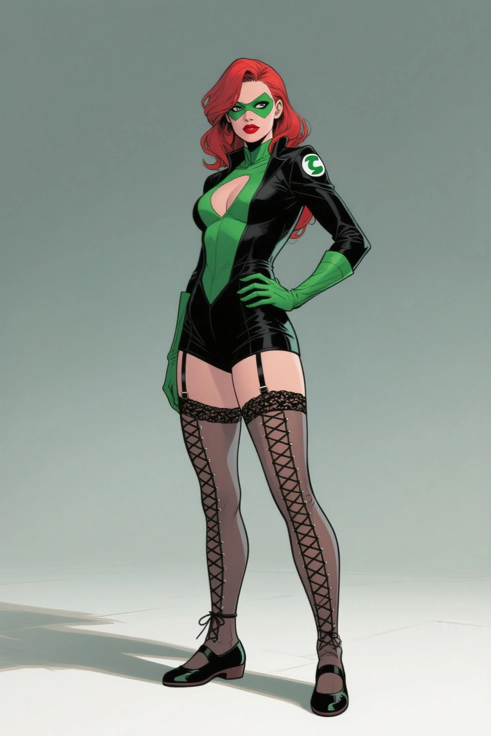 best qualityer, work of art, ultra-high resolution, White background, realisitic, photo by full body, Morrigan drawing from Capcon, Brunetette, Long light green hair, greeneyes,  suit.