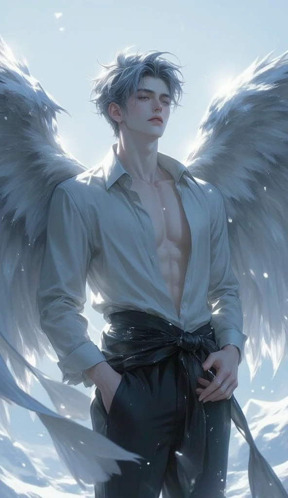 masterpiece, highest quality, (Focus alone), (Perfect Face:1.1), (Attention to detail:1.1),dramatic, ( 3 alluring albino   angel guy with long flowing pure white hair and piercing 黒い目 standing close toghether , cuddle, almost kiss,  angle cloth ),I can see your abs,Handsome,,Short Hair, night shinning moon background, realistic , long big  expose, perfect pretty ,  alot (white liquid all over),  on face,  eatting, 