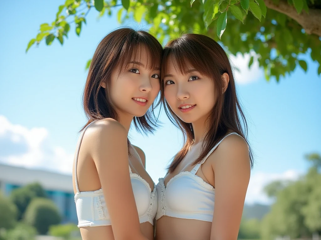 Two girls standing in a schoolyard with cherry blossoms in full bloom,bangs,A small smile,Thighs,knees,From below,Front light,10 years old,Short hair with bangs、Straight Bob Hair, (Long white camisole、White panties)、(slim)、((Are standing、White panties)