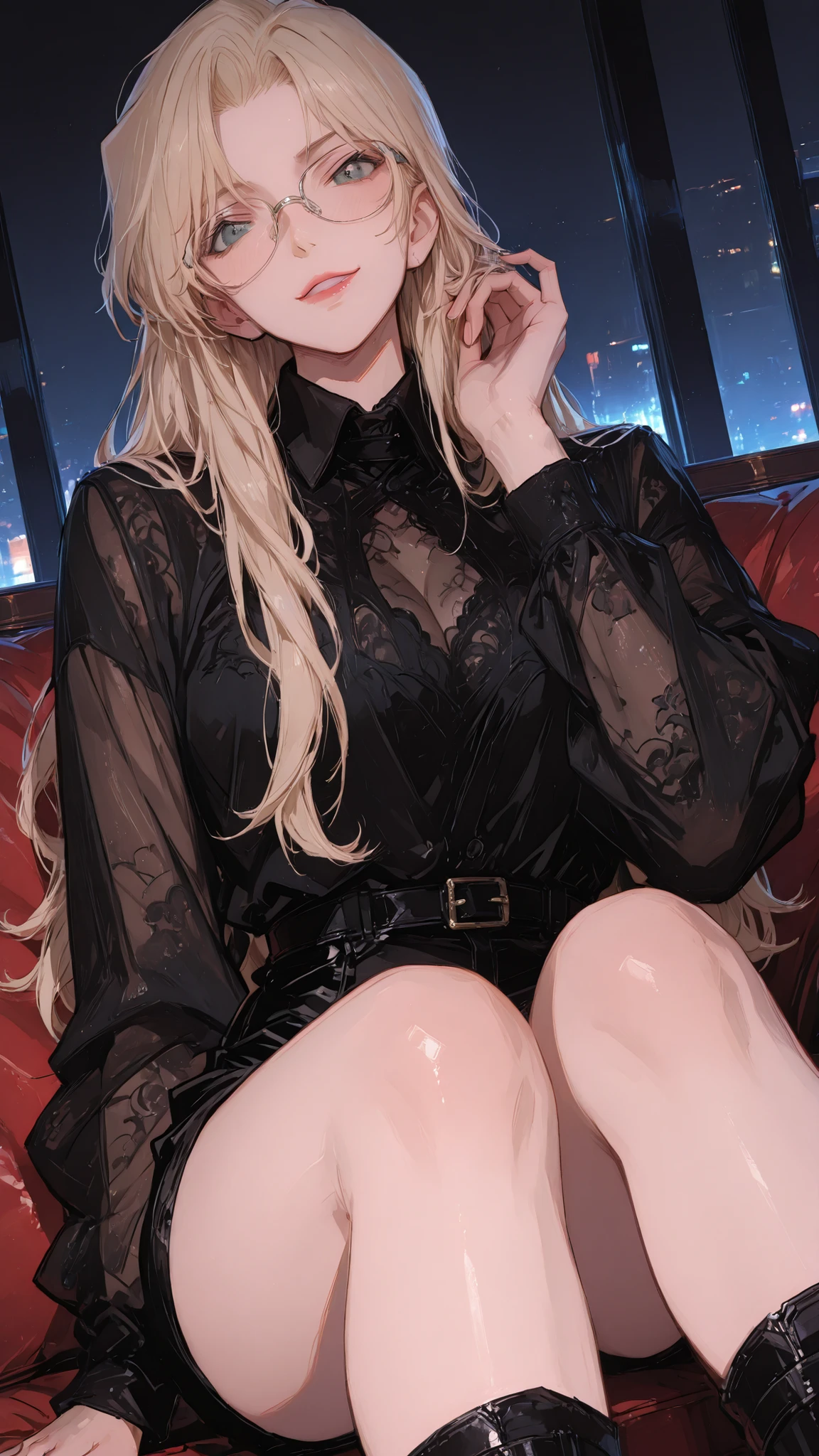 ultra-high resolution, masterpiece after sex, best quality, Detective Conan,Belmod, glasses, Sexy smile,Sexy Sitting(Naturally rolls up your knees and legs),Gently grab your hair with one hand,smart eyes,, Lip Gloss,Naturally friendly from a male perspective,Beautiful clothing texture ,solid color gradient background,4K wallpaper fits