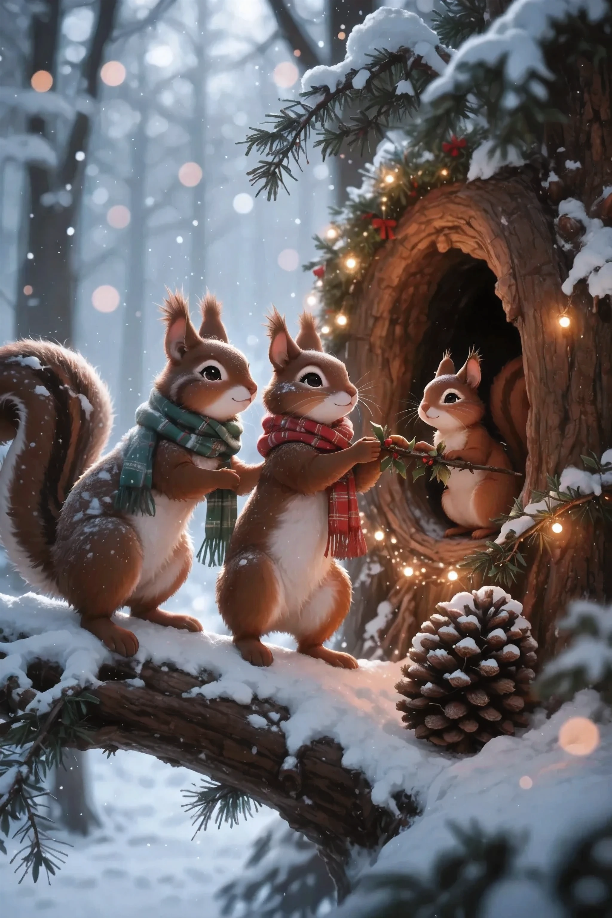 masterpiece, best quality, ultra detailed, a close-up of the Christmas scene: two squirrels in dynamic poses — a male and a female in cozy scarves adorn a fluffy one, a snow-covered snow-covered cedar branch with Christmas garlands. Right on this branch, there is a large cozy hollow inside a tree, from which the 3rd squirrel, a little squirrel, peeks out and serves a garland to adults. On the side of the branch lies a large detailed cedar cone, snow-covered. an atmosphere of celebration and comfort, , the background is very blurred with artistic bokeh and lots of soft lights and highlights, long soft shadows play on the branch and snow, rich colors, magical Christmas mood, forest, snow, glowing garlands, soft cinematic light