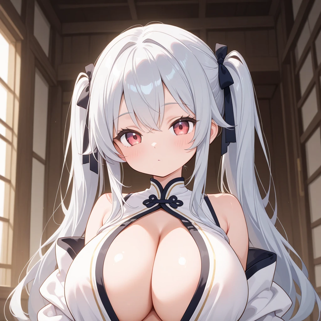 highest quality　High resolution　one young beautiful woman　red eyes　beautiful white hair　medium perm　cute soft girl　Cat ear　Seductive ????? cow pattern ?????????　church　nun cowgirl cosplay　magic monastery robe　????????????? service　The ???????????? of a virgin killer with amazing charm　Sexless　???????????　gasp　??????　Estrus face