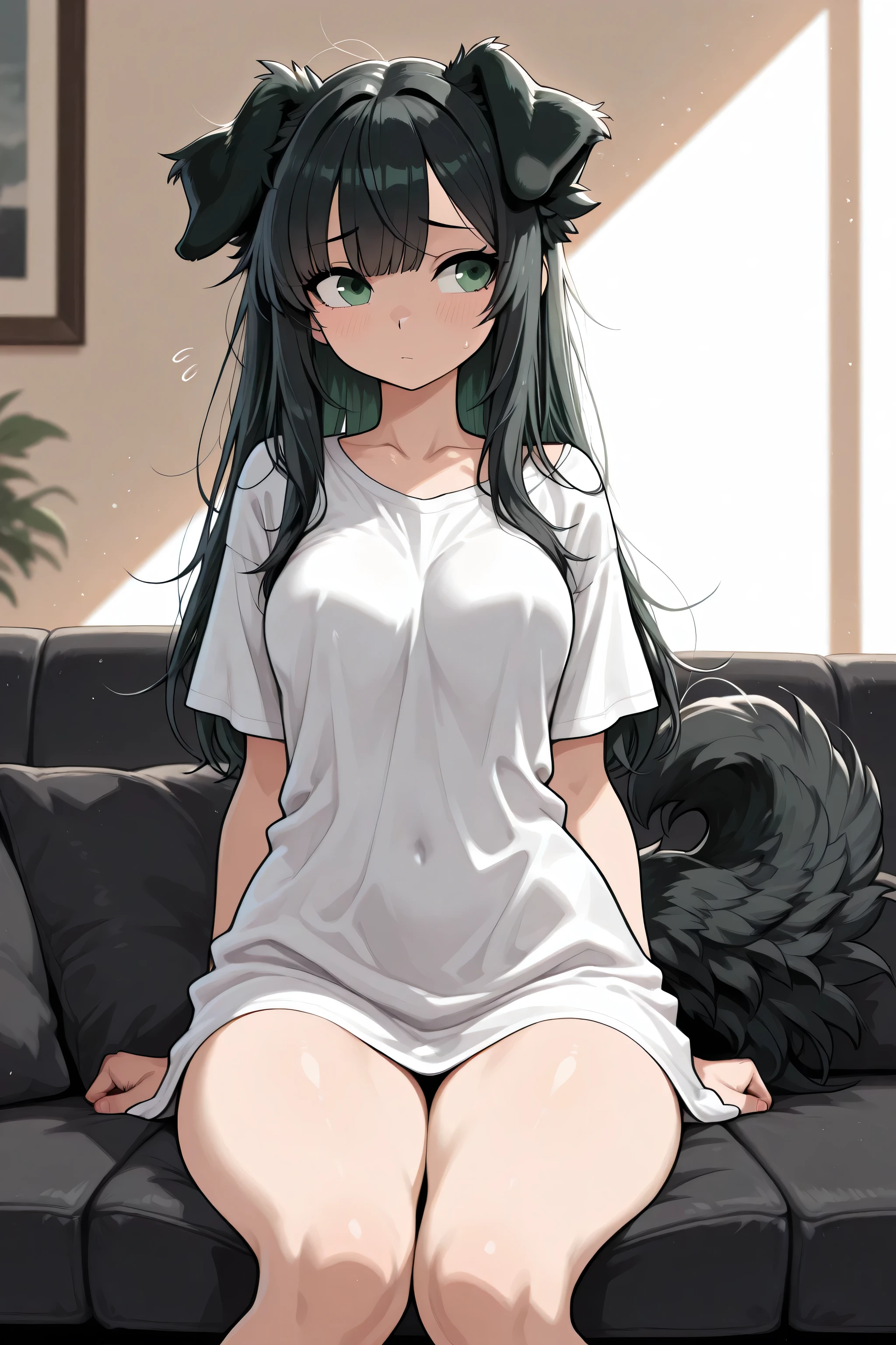 Masterpiece, High-Quality, Detailed. A short, slim humanoid female with Long Black hair with bangs and green eyes and fluffy floppy black dog ears and a long fluffy black dog tail and thick thighs and curvy hips and medium breasts. Cinematic_lighting. She looks shy. Straight face. She is wearing an oversized baggy t-shirt down to her mid-thigh and is sat on a sofa.