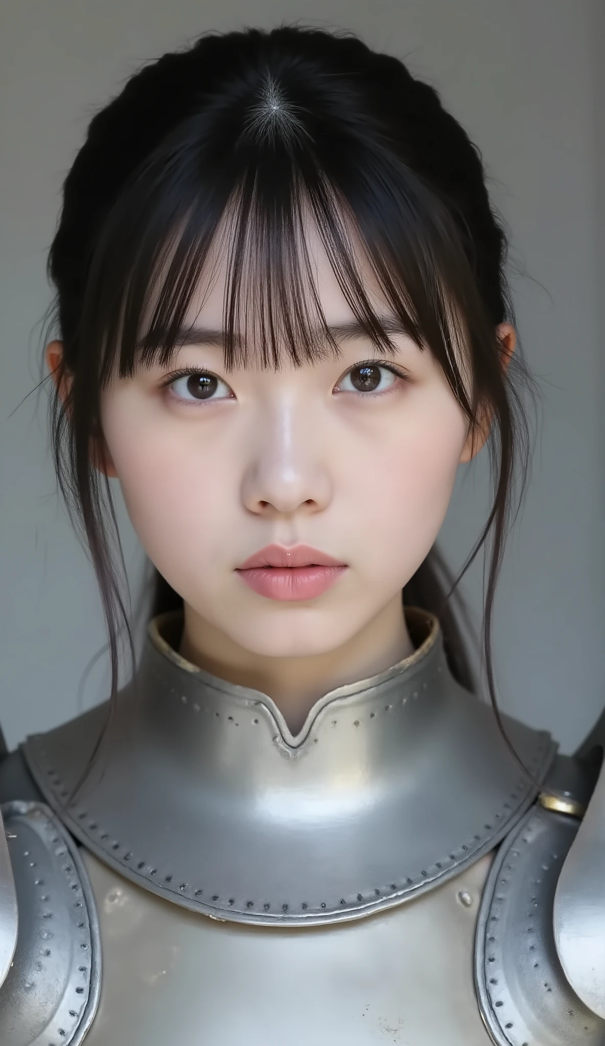 young woman in luxurious silver armor、、Female Knight、、、ear piercing、camera from the knee、looking directly in front、無表情、口を閉じている、、face close-up、grey background、
