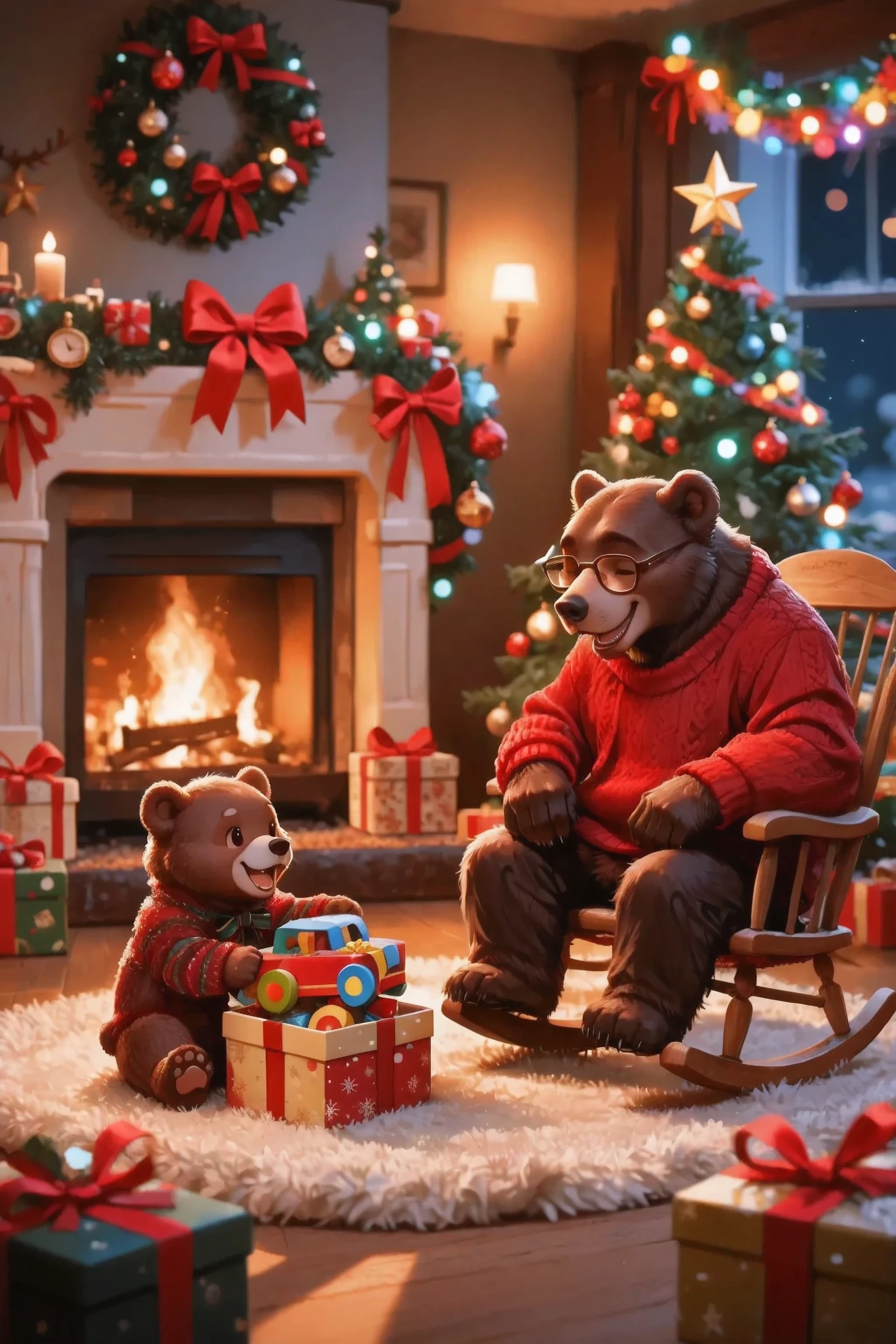 masterpiece, ultra detailed, Christmas scene, Cozy living room; two brown bears: blurred background with a bright colorful side from the garlands and the Christmas tree, sitting in a wooden rocking chair by the decorated fireplace, ribbons, bows, wraps; the baby is delighted with, on a fluffy carpet in the center of the room, the bear happily plays with a bright wooden toy car {x} turns to his grandfather, a big brown bear in a red knitted sweater and glasses, with a big smile, soft warm atmospheric lighting, who watches his grandson with love and tenderness; long festive shadows, are scattered around, just taking her out of a festive gift box, A feeling of coziness, magic , family happiness
