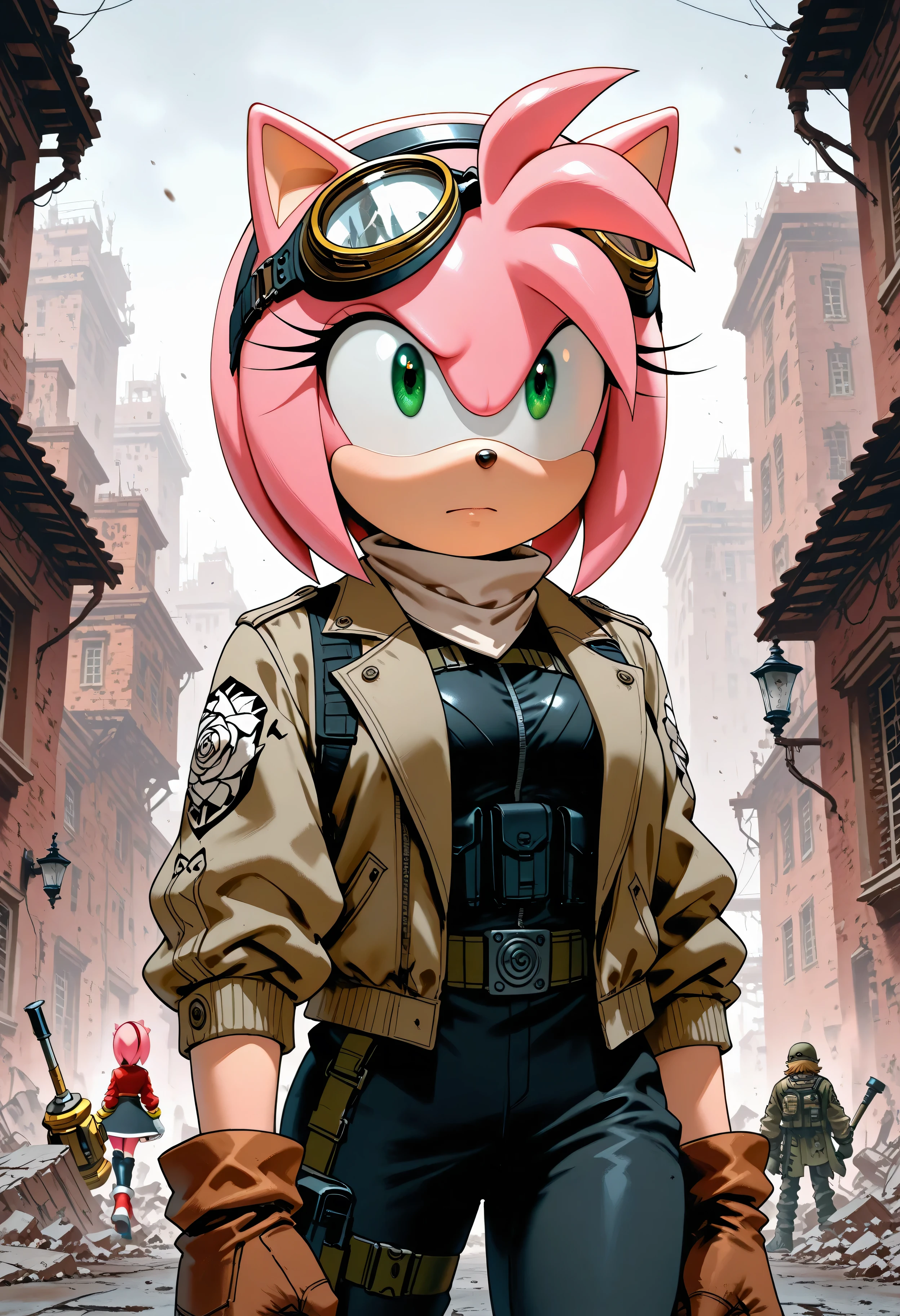"Rose of the Resistance": A more modern, determined Amy Rose, wearing a tactical but stylish outfit (maybe a jacket or goggles), leading a small group of heroes through a ruined city. She has a calm, focused expression and the hammer is ready but lowered.

