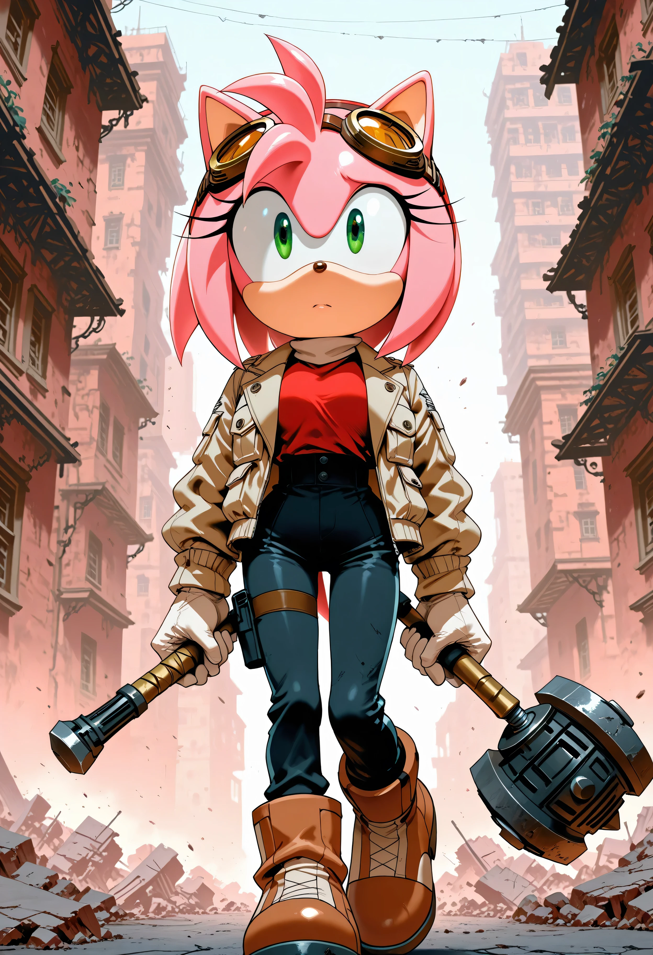 "Rose of the Resistance": A more modern, determined Amy Rose, wearing a tactical but stylish outfit (maybe a jacket or goggles), leading a small group of heroes through a ruined city. She has a calm, focused expression and the hammer is ready but lowered.
