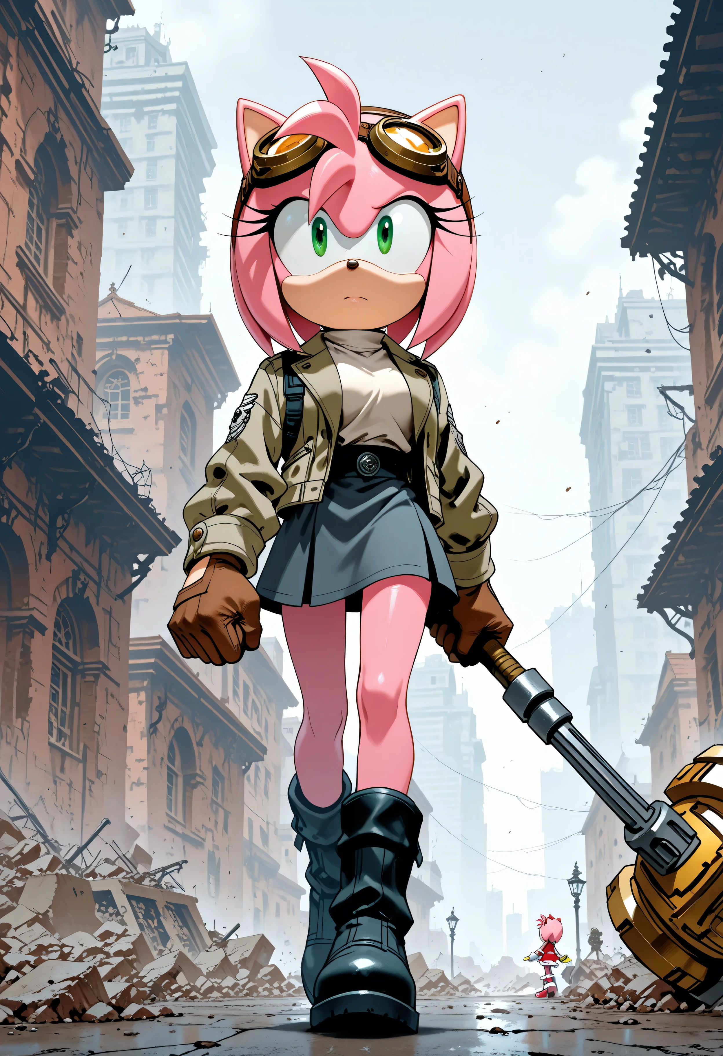 "Rose of the Resistance": A more modern, determined Amy Rose, wearing a tactical but stylish outfit (maybe a jacket or goggles), leading a small group of heroes through a ruined city. She has a calm, focused expression and the hammer is ready but lowered.
