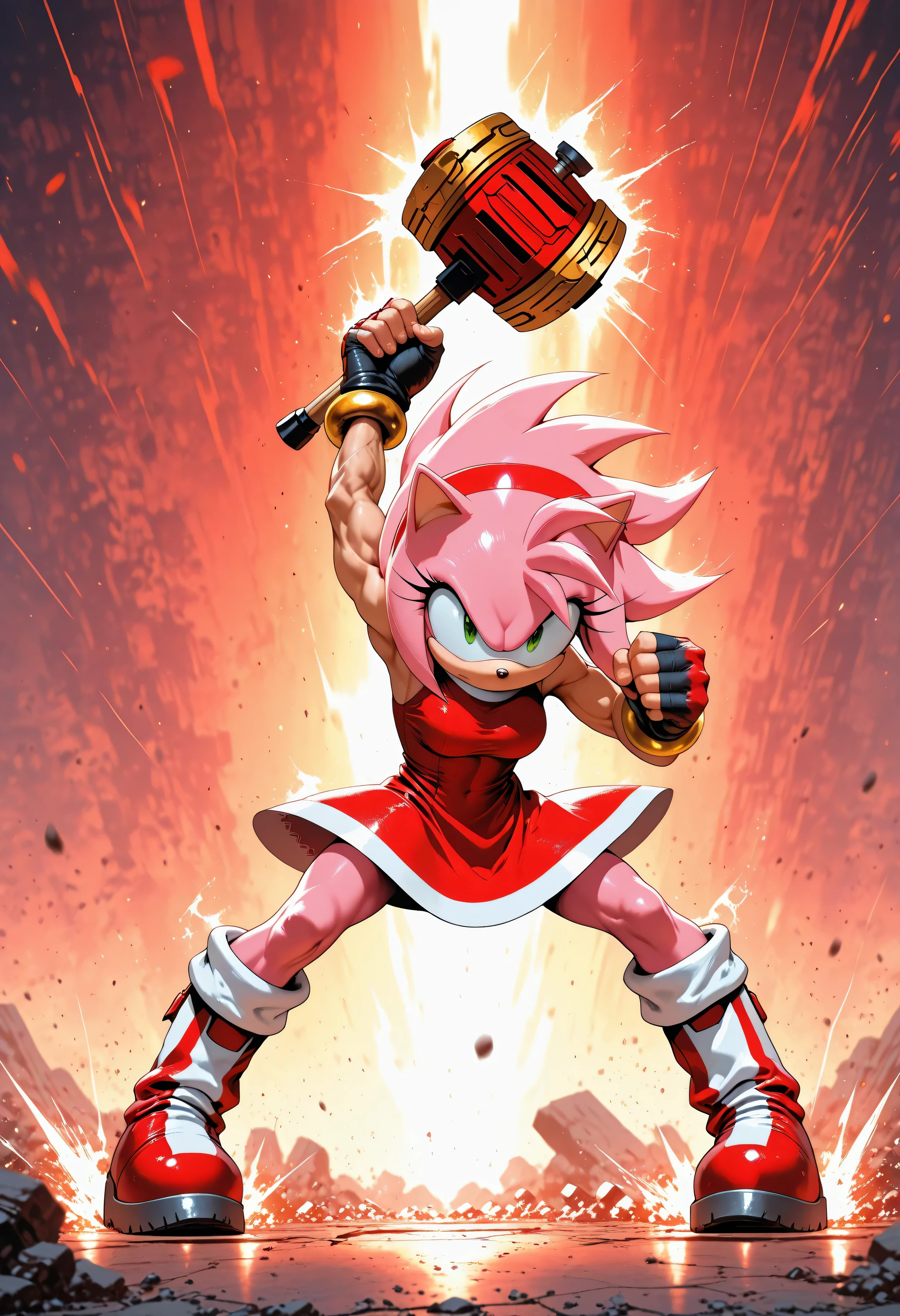  Amy Rose from the Sonic universe, athletic and muscular physique, toned arms and powerful legs, confident fighting stance, holding her oversized Piko Piko Hammer mid-swing, intense determined expression, battle-ready posture, pink quills styled dynamically, wearing a reinforced red combat dress with fingerless gloves and sturdy boots, motion blur on hammer, dramatic action pose, anime-inspired character design, sharp line art, vibrant colors, cinematic lighting, dynamic background with shattered ground and energy effects, ultra-detailed, 4K, high contrast, heroic atmosphere

