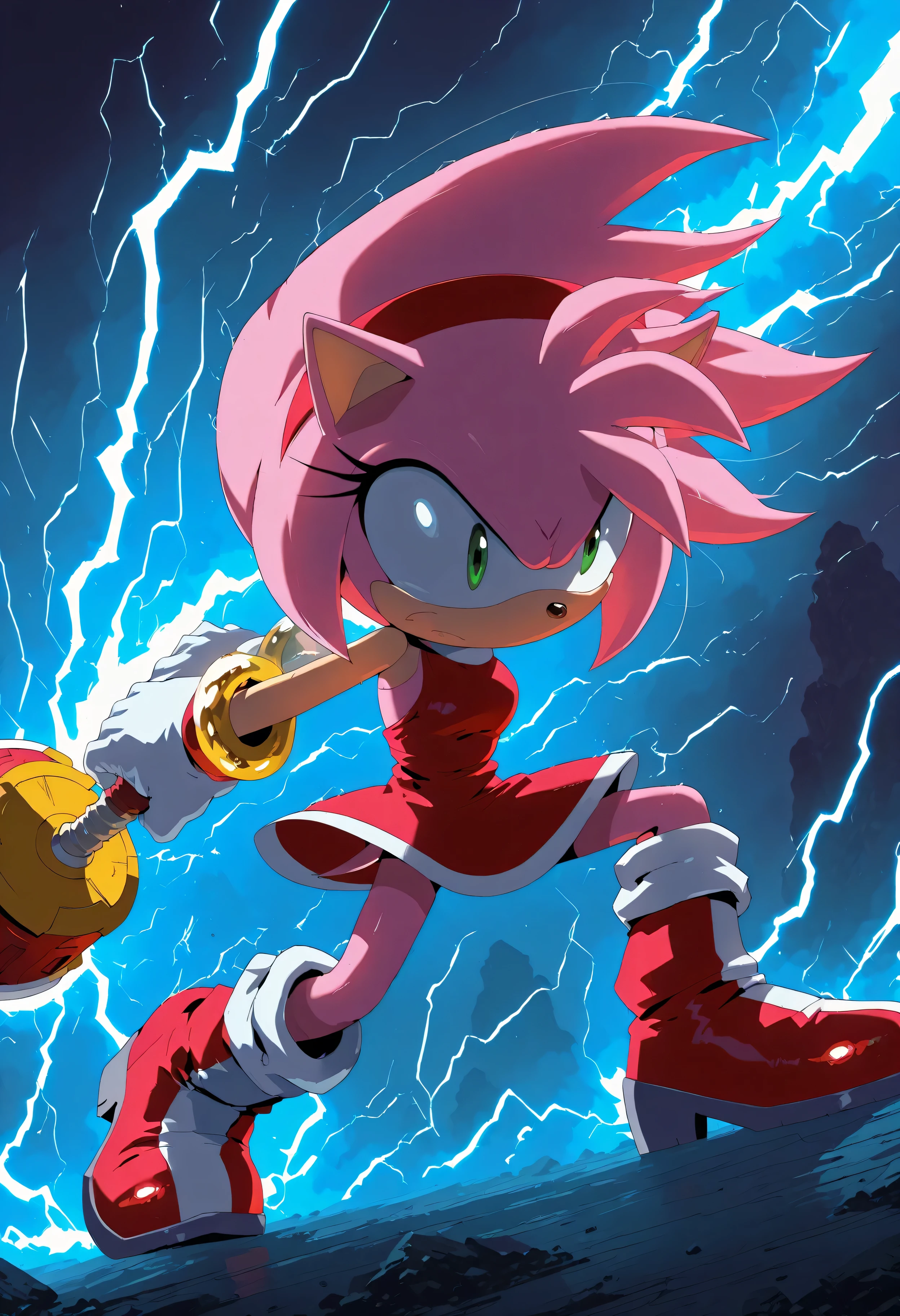  Amy Rose from the Sonic universe, dramatic thunder lightning effects surrounding her, powerful heroic stance, holding the Piko Piko Hammer, electricity crackling in the sky, glowing lightning bolts behind her, intense determined expression, wind-blown pink quills, dark stormy background, cinematic lighting, anime action style, ultra-detailed, sharp focus, 4K HD, high contrast
