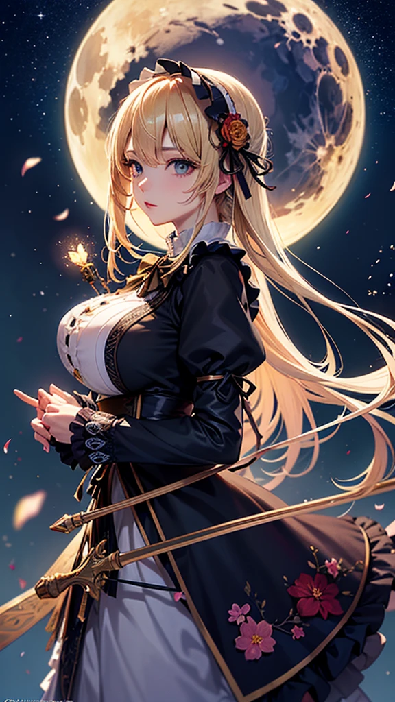 masterpiece, high quality, 4K, Beautiful design, silhouette，blonde， 非常に詳細な夜のStarry Sky,Flower Field， wonderful, Finer details,  Very knowledgeable woman, Highly detailed solo, 1 female,Big Breasts，Gothic Lolita Fashion，Night view，Starry Sky，full moon，