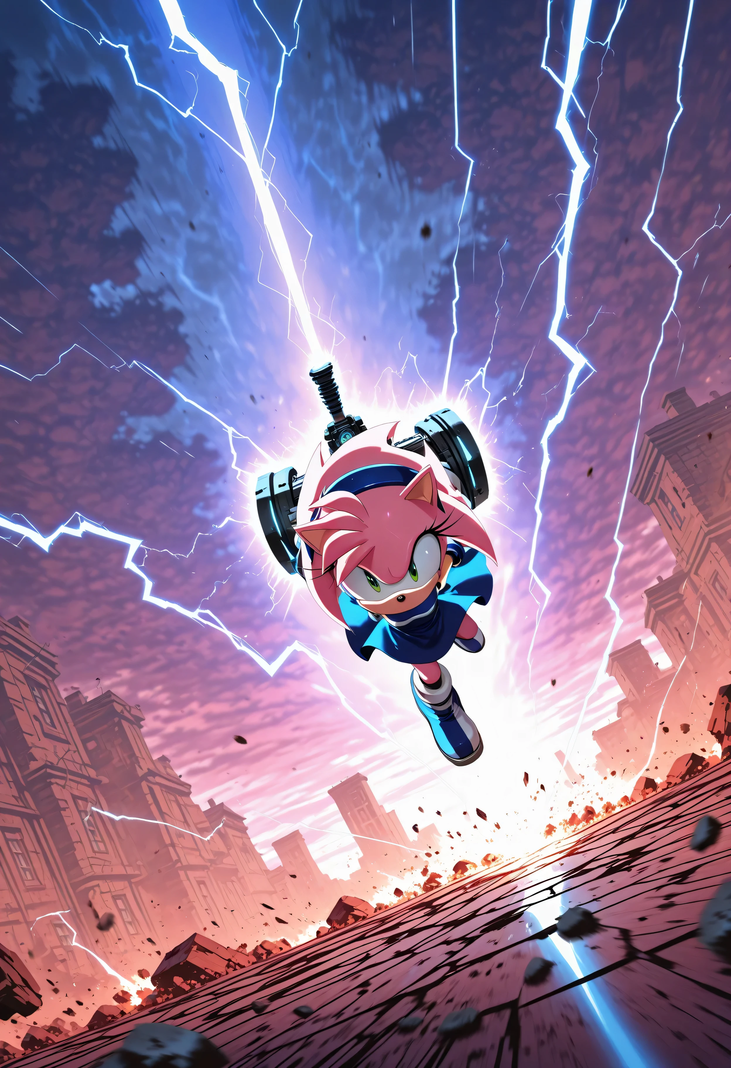 Amy Rose mid-attack, swinging her hammer with explosive lightning impact, thunder shockwave, shattered ground, motion blur, dynamic camera angle, electric energy trails, stormy battlefield background, anime action illustration, ultra-detailed, vibrant colors, cinematic 4K HD quality

