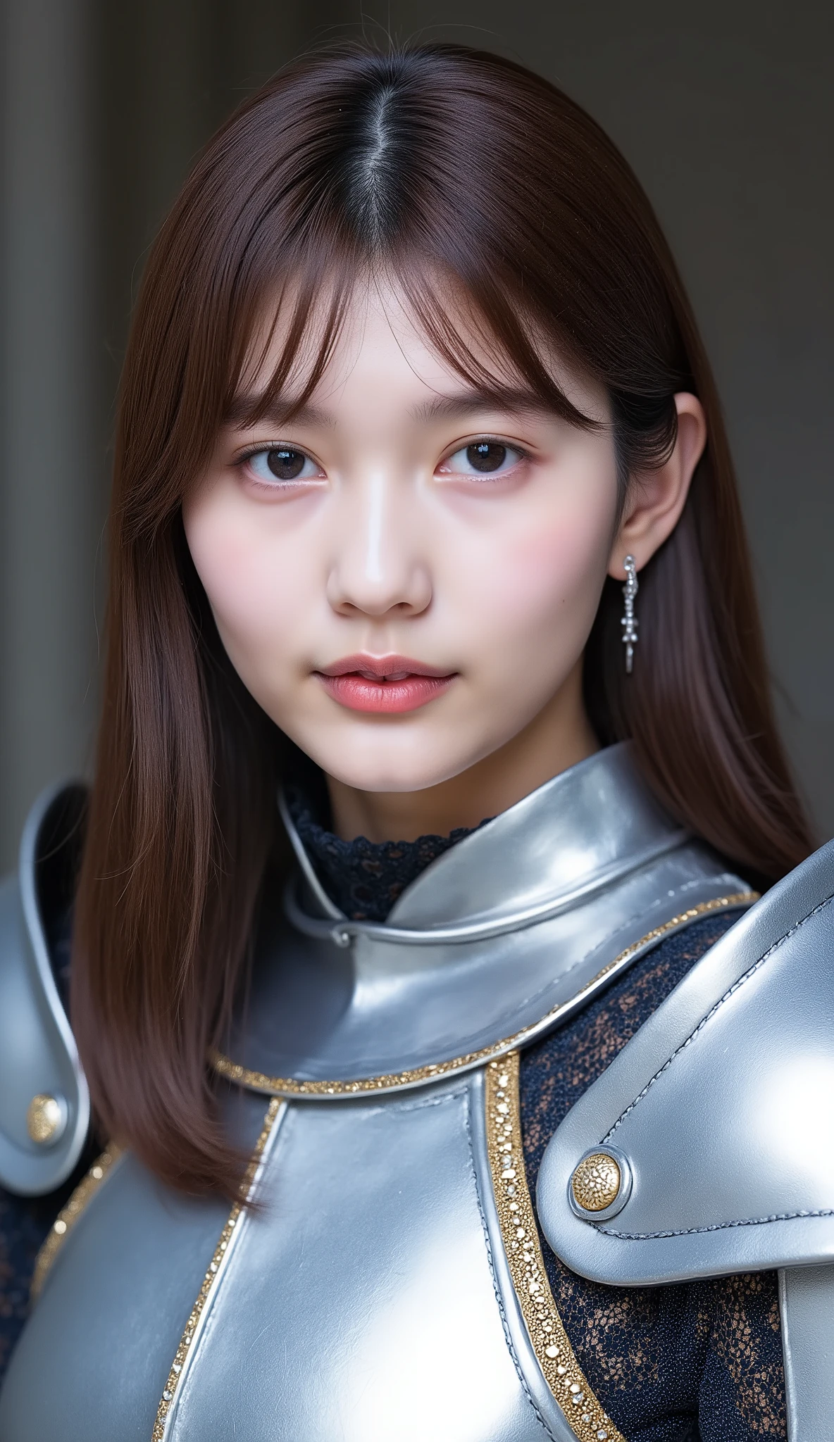 neat young woman wearing luxurious silver armor、、female knight、、、ear piercings、looking at camera、looking directly in front、、口を閉じている、への字口、、、face close-up、grey background、