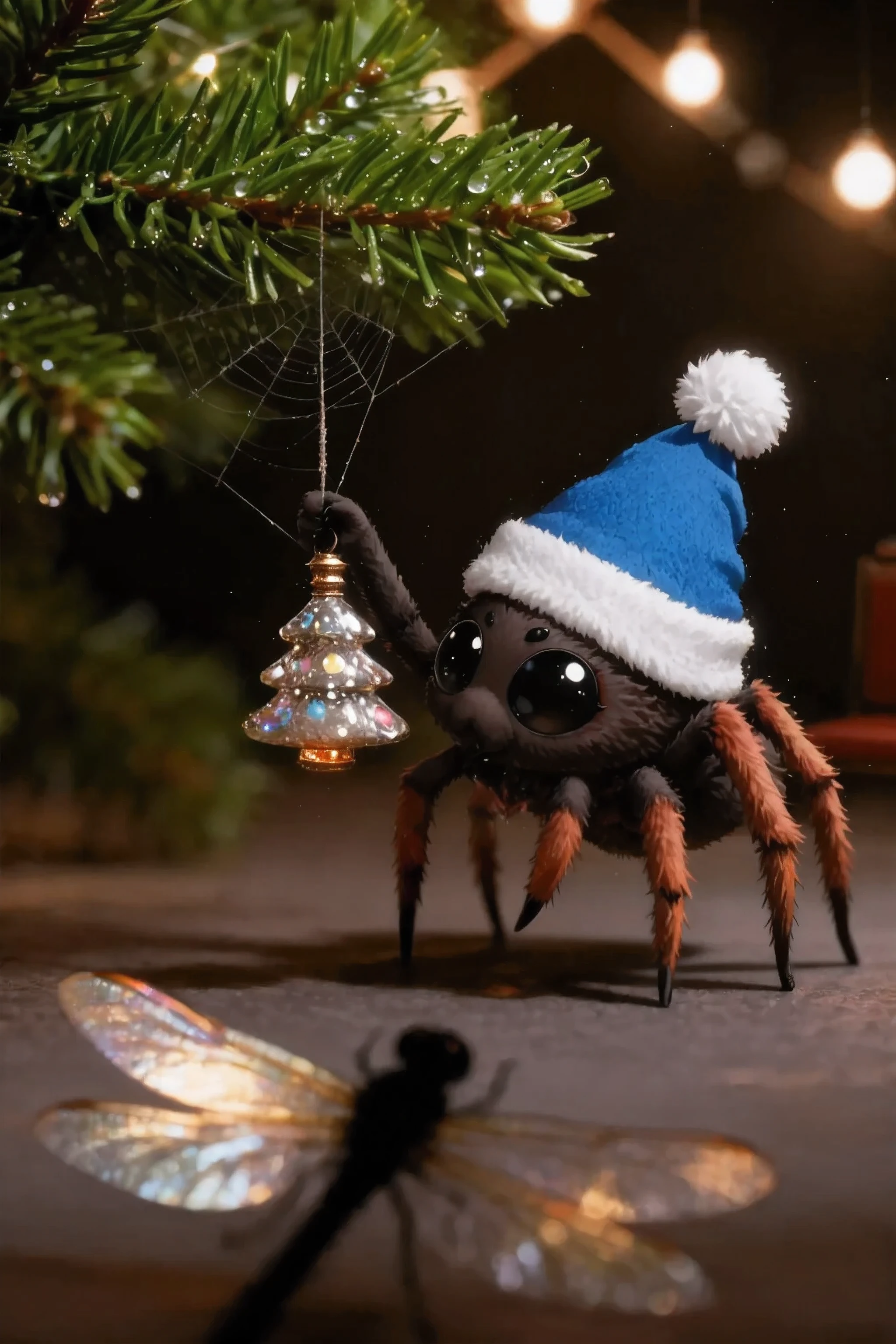 Aracello, spider, brown color, fine hairs on paws, big black eyes,Очень крупный план: милый пушистый паучок в вязаной новогодней синей шапочке с белым помпоном, с добрыми большими глазами, аккуратно вешает на зелёную ёлочную ветку сверкающую ёлочную игрушку на тонкой паутинке. По композиции праздничный свет гирлянд мягко подсвечивает детали, на ёлочных иголках сияют капельки росы. На переднем плане размыт и затемнён силуэт стрекозы, которая наблюдает за происходящим со спины — её полупрозрачные крылья легко подсвечиваются, создавая загадочную атмосферу присутствия. Глубина резкости, длинные мягкие тени, уютное новогоднее настроение, композиция наполнена сказочностью и теплом. (masterpiece:1.2), ultra detailed, крупный план, милый паучок, ёлочная игрушка на паутинке, новогодняя синяя шапочка, размытый силуэт стрекозы на переднем плане, мягкое затемнение, праздничный свет