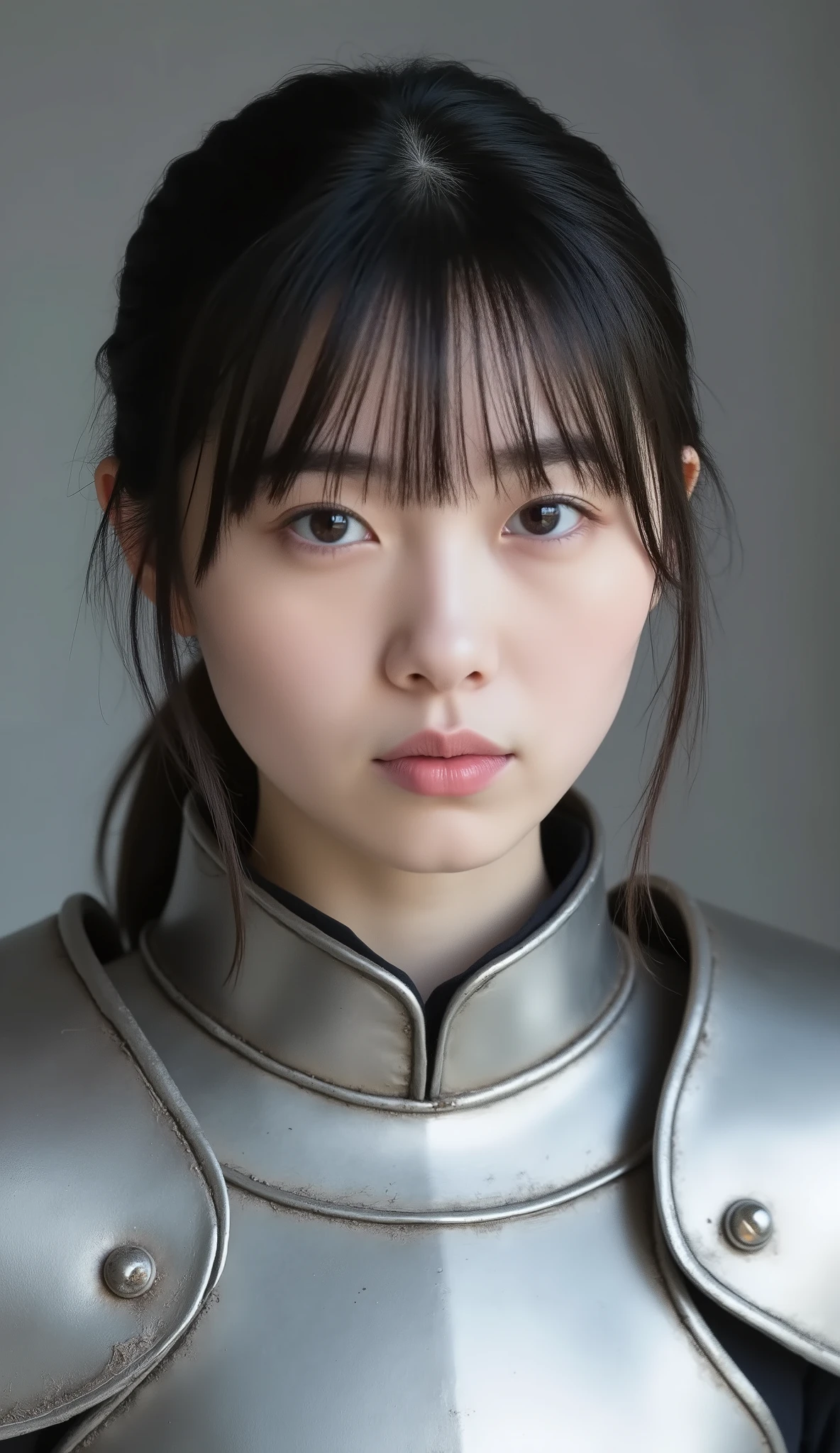 young woman in luxurious silver armor、、Female Knight、、、ear piercing、camera from the knee、looking directly in front、無表情、口を閉じている、、face close-up、grey background、
