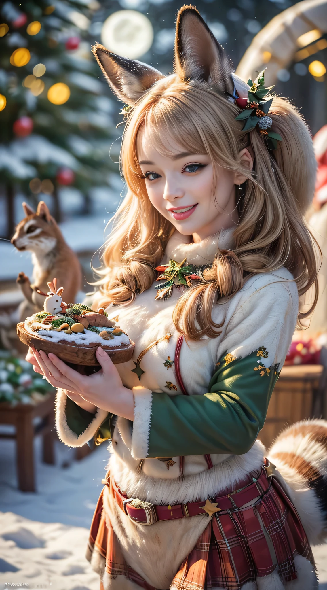 Highest quality, highest resolution, raw photo, realistic, photorealistic, highly detailed and beautiful, finest details, (Forest animals celebrating Christmas, rabbit | raccoon | fox | squirrel), (Christmas cake made of nuts, 1.3), (Animals dancing around a Christmas cake, 1.2), (Large Christmas tree, 1.3), (Fir tree, beautiful autumn leaf decoration, warm and bright atmosphere, joyful gathering, happiness, animals in happy poses, 1.2), (Forest, beautiful stars, full moon, depth of field, 1.2, blur, 1.3),