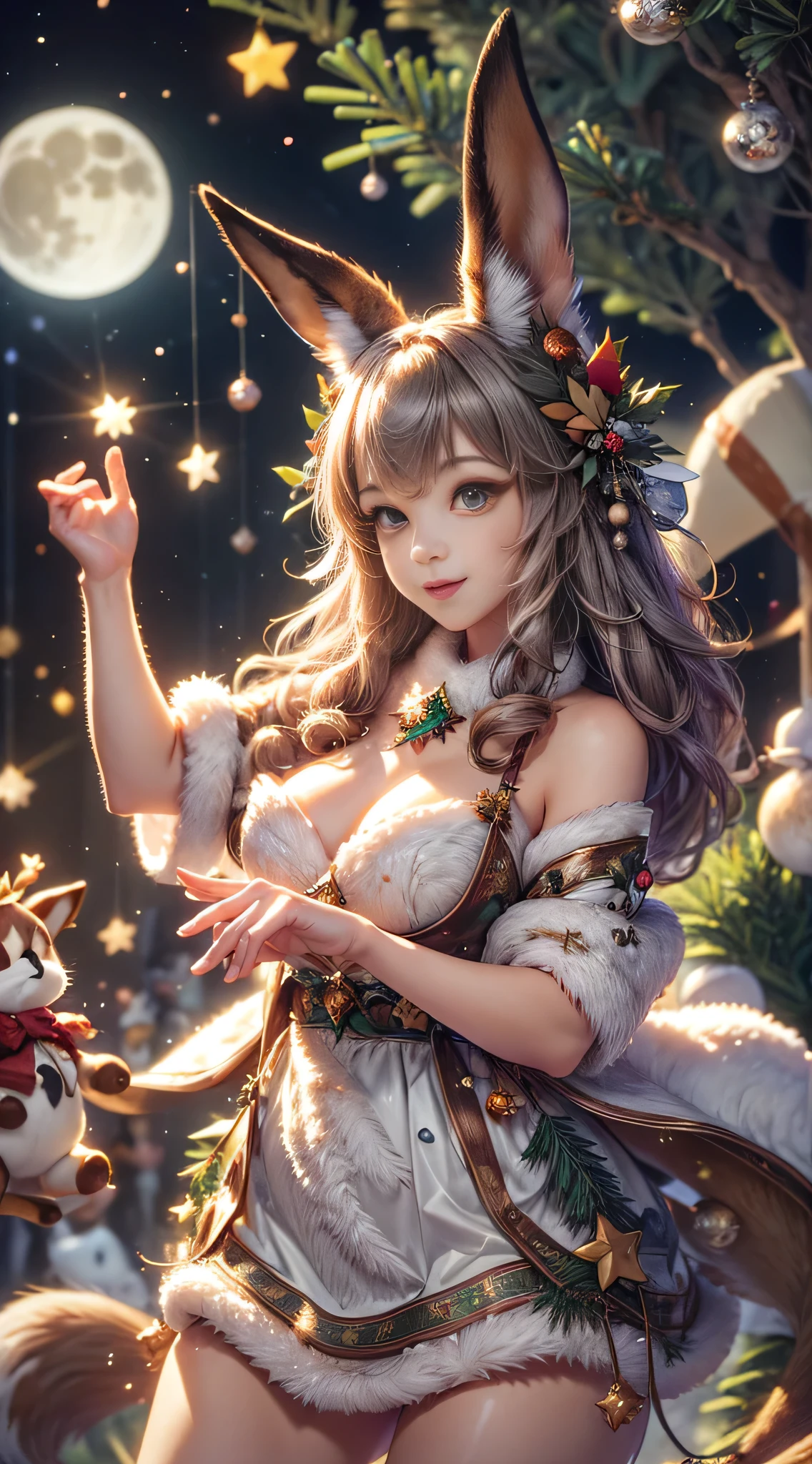 Highest quality, highest resolution, raw photo, realistic, photorealistic, highly detailed and beautiful, finest details, (Forest animals celebrating Christmas, rabbit | raccoon | fox | squirrel), (Christmas cake made of nuts, 1.3), (Animals dancing around a Christmas cake, 1.2), (Large Christmas tree, 1.3), (Fir tree, beautiful autumn leaf decoration, warm and bright atmosphere, joyful gathering, happiness, animals in happy poses, 1.2), (Forest, beautiful stars, full moon, depth of field, 1.2, blur, 1.3),
