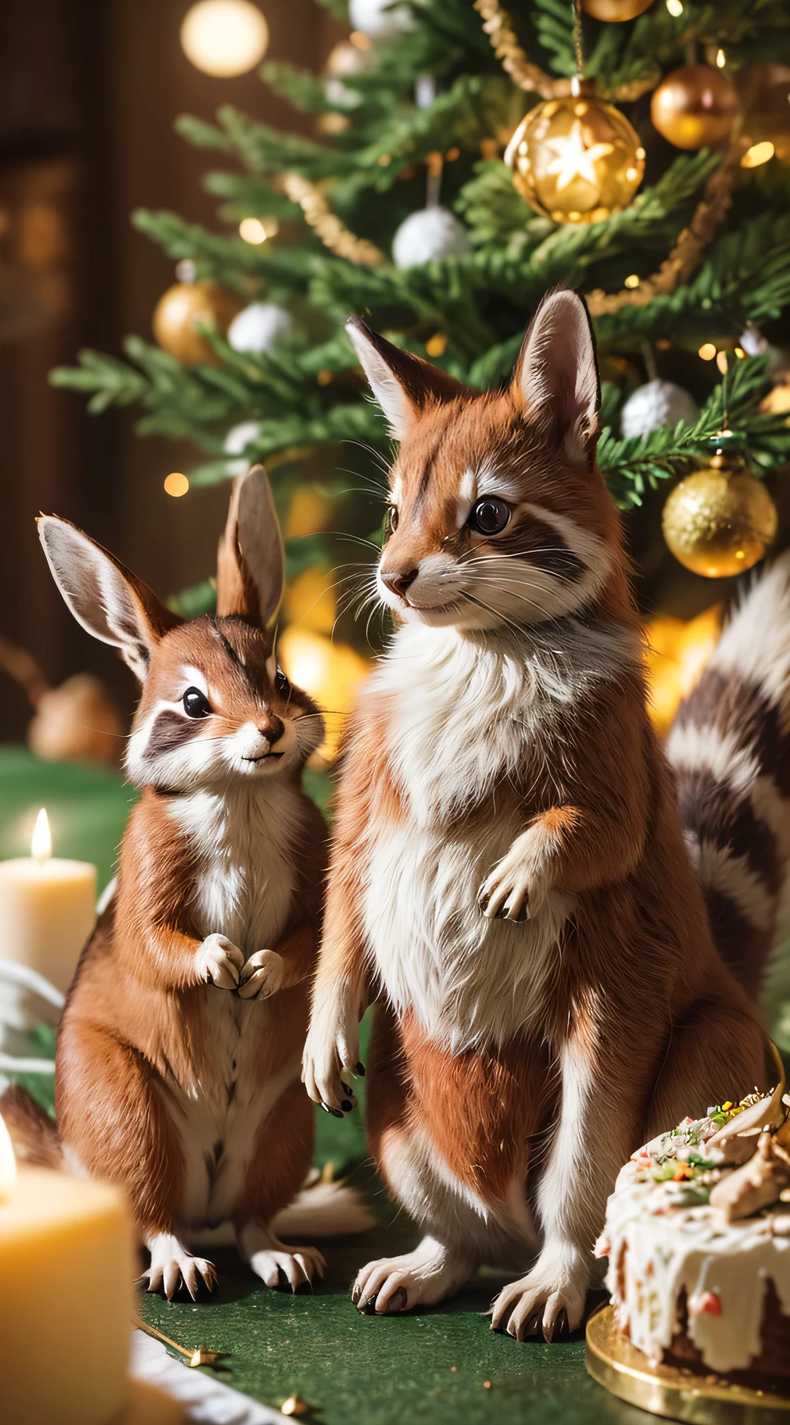 Highest quality, highest resolution, raw photo, realistic, photorealistic, highly detailed and beautiful, finest details, (Forest animals celebrating Christmas, rabbit | raccoon | fox | squirrel), (Christmas cake made of nuts, 1.3), (Animals dancing around a Christmas cake, 1.2), (Large Christmas tree, 1.3), (Fir tree, beautiful autumn leaf decoration, warm and bright atmosphere, joyful gathering, happiness, animals in happy poses, 1.2), (Forest, beautiful stars, full moon, depth of field, 1.2, blur, 1.3),