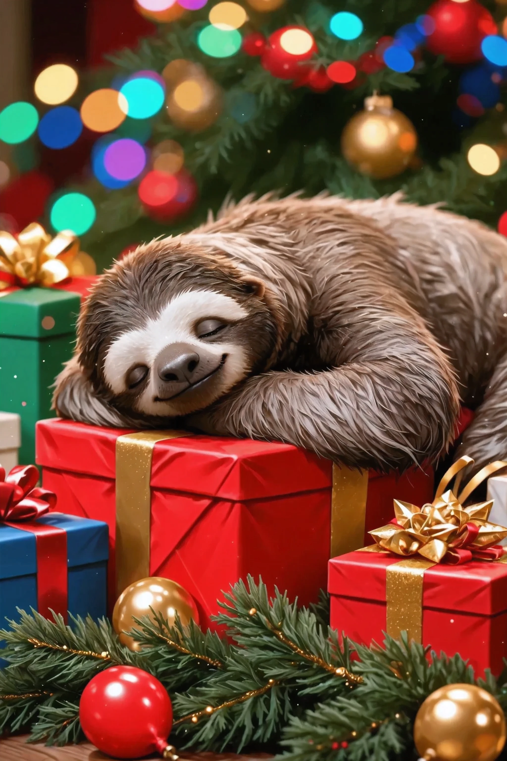 Misha The sloth fell asleep sweetly right above on a large bright Christmas present, Curled up snugly. Other gift boxes in colorful paper and shining holiday bows are scattered around him. Close-up — you can clearly see the sloth's fluffy hair and his relaxed face. The gifts are surrounded by thick green pine branches, decorated with small gold and red balloons. The background is decorated with beautiful colorful bokeh from garlands, The atmosphere is filled with the warmth and magic of Christmas, soft lighting gives the stage a cozy and festive mood.